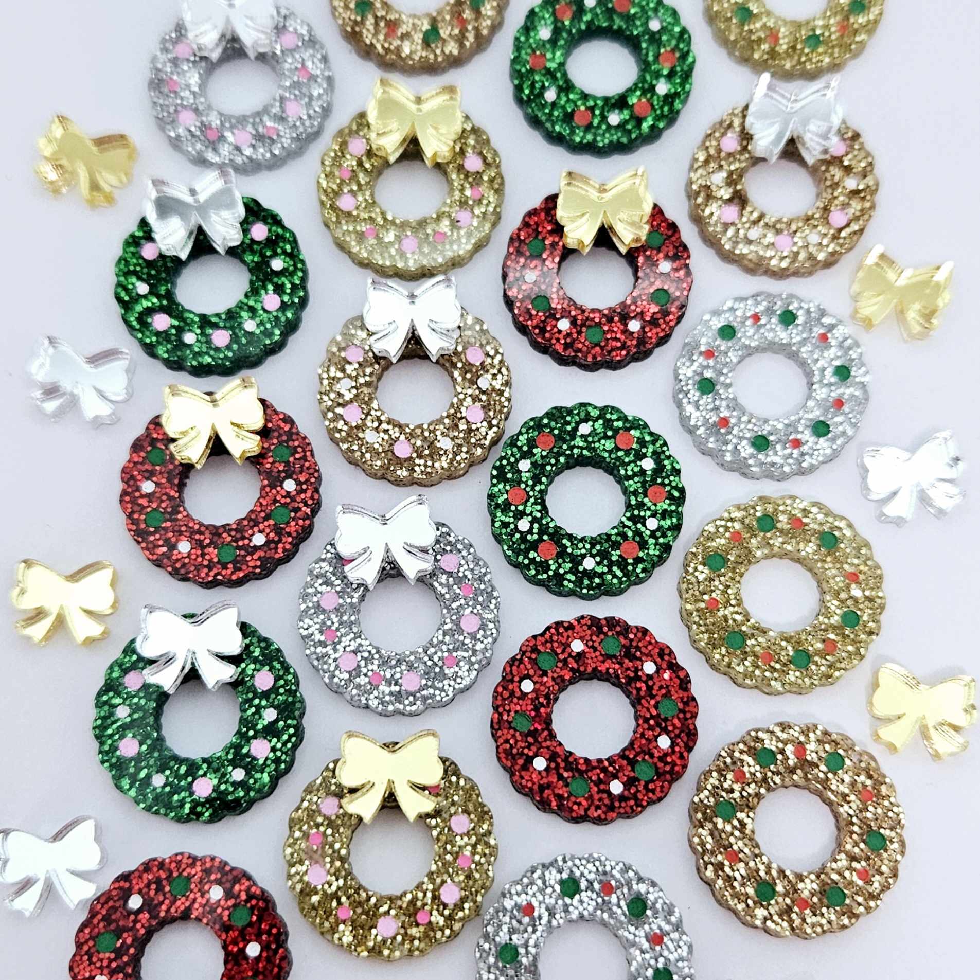 green red gold silver rose gold glitter traditional wreath Christmas Xmas silver mirror bows DIY earring supplies laser cut acrylic studs blanks engraved paint filled baubles statement mixed pack