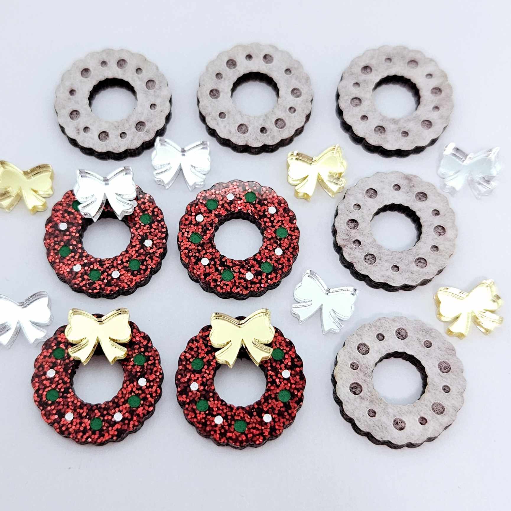 red glitter wreath Christmas Xmas silver mirror bows DIY earring supplies laser cut acrylic studs blanks engraved paint filled baubles statement