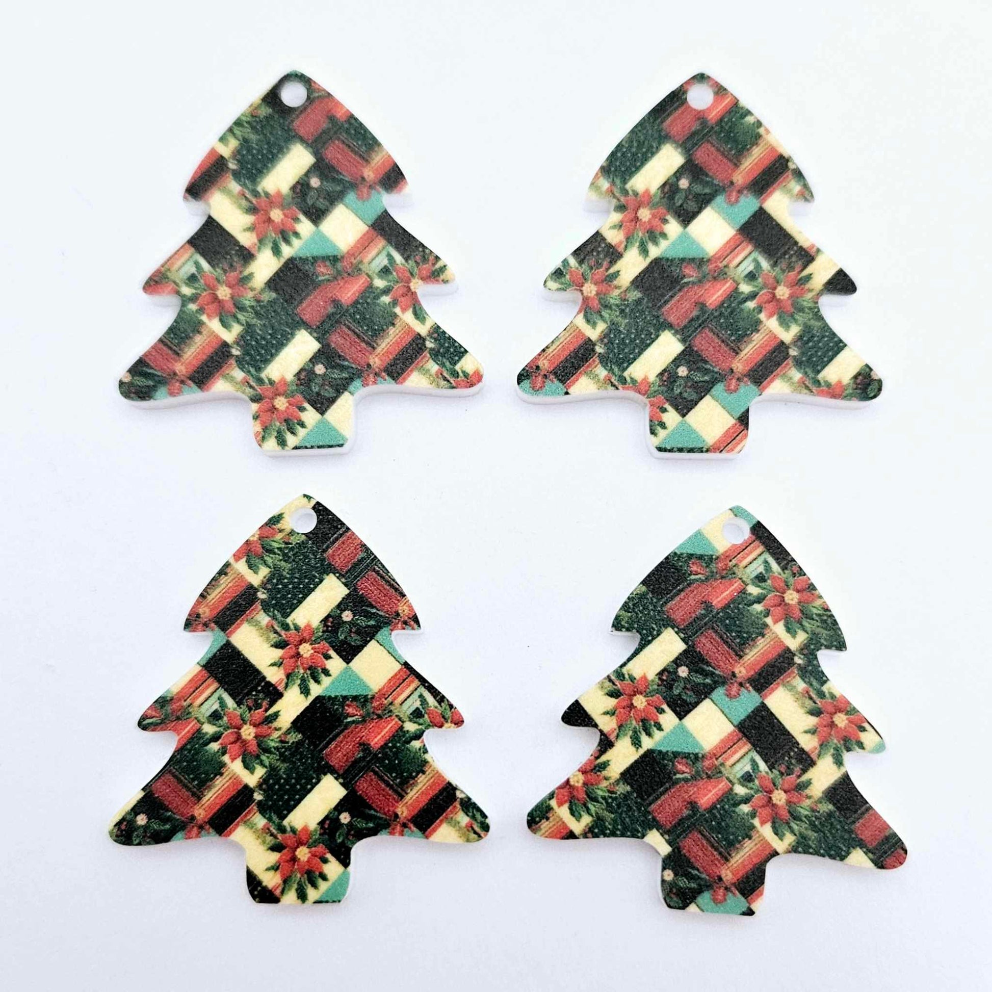 Christmas patchwork red green gold poinsettias UV print Xmas tree DIY earring supplies laser cut acrylic dangles blanks