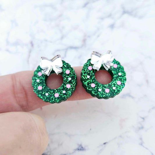 green glitter wreath Christmas Xmas silver gold mirror bows DIY earring supplies laser cut acrylic studs blanks engraved paint filled baubles statement