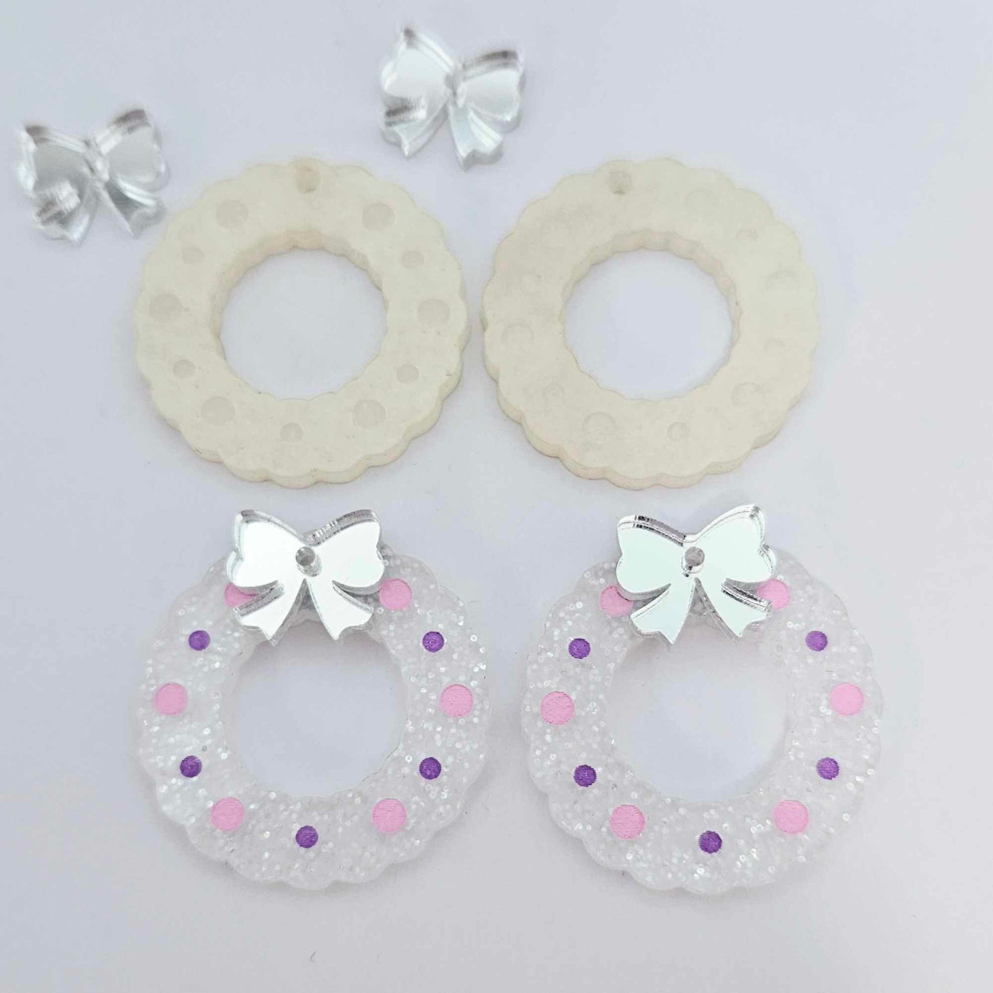 fairy dust clear silver glitter wreath Christmas Xmas bows DIY earring supplies laser cut acrylic dangles blanks engraved paint filled baubles layered hoops