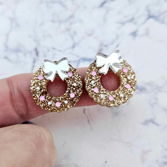 rose gold glitter wreath Christmas Xmas silver mirror bows DIY earring supplies laser cut acrylic studs blanks engraved paint filled baubles statement