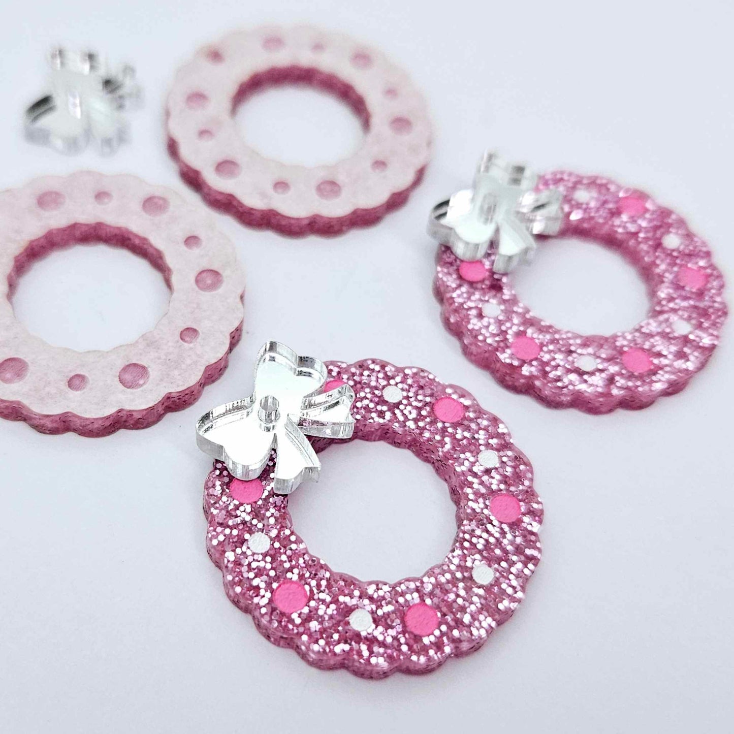 pink glitter wreath Christmas Xmas bows DIY earring supplies laser cut acrylic dangles blanks engraved paint filled baubles layered hoops