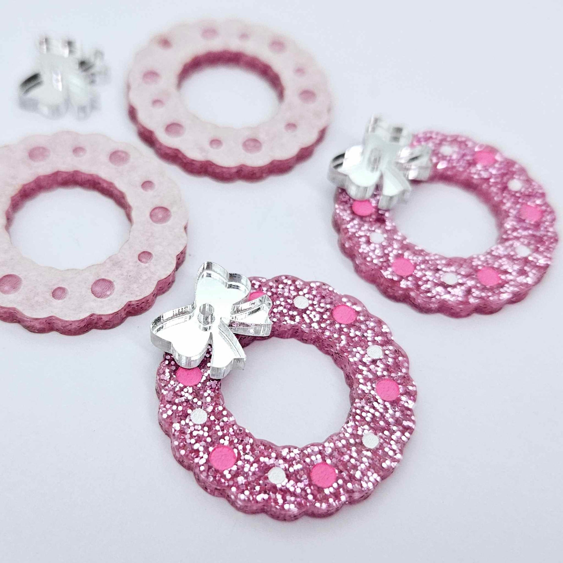 pink glitter wreath Christmas Xmas bows DIY earring supplies laser cut acrylic dangles blanks engraved paint filled baubles layered hoops