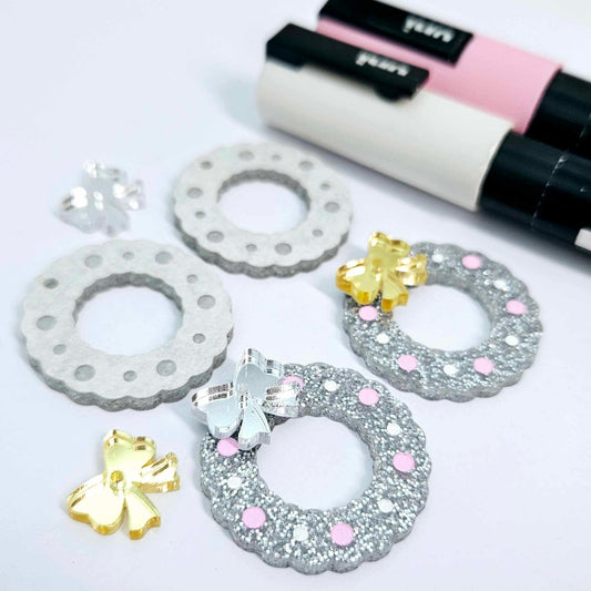 silver glitter wreath Christmas Xmas bows DIY earring supplies laser cut acrylic dangles blanks engraved paint filled baubles layered hoops