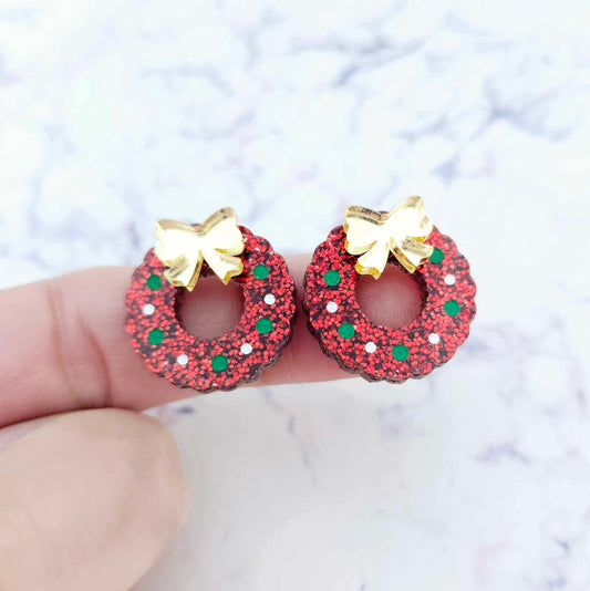 red glitter wreath Christmas Xmas silver mirror bows DIY earring supplies laser cut acrylic studs blanks engraved paint filled baubles statement