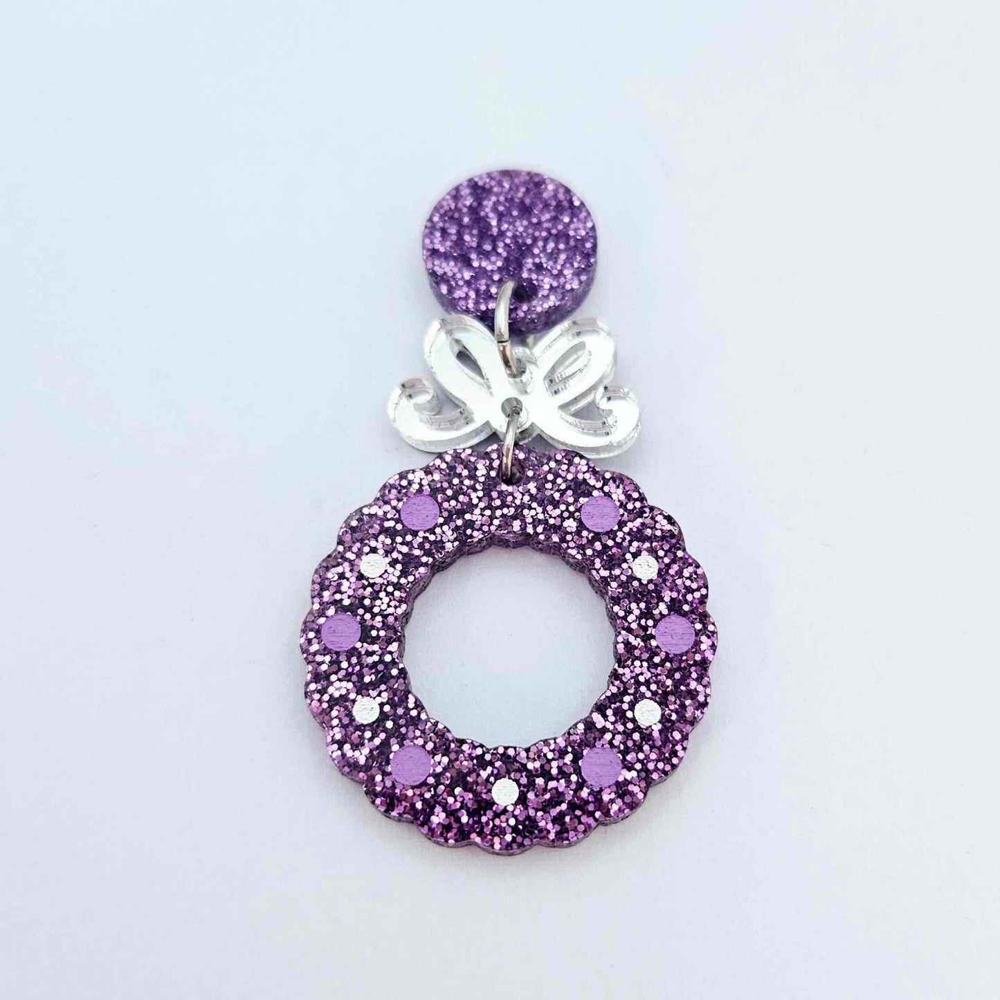 purple glitter wreath Christmas Xmas bows DIY earring supplies laser cut acrylic dangles blanks engraved paint filled baubles layered hoops