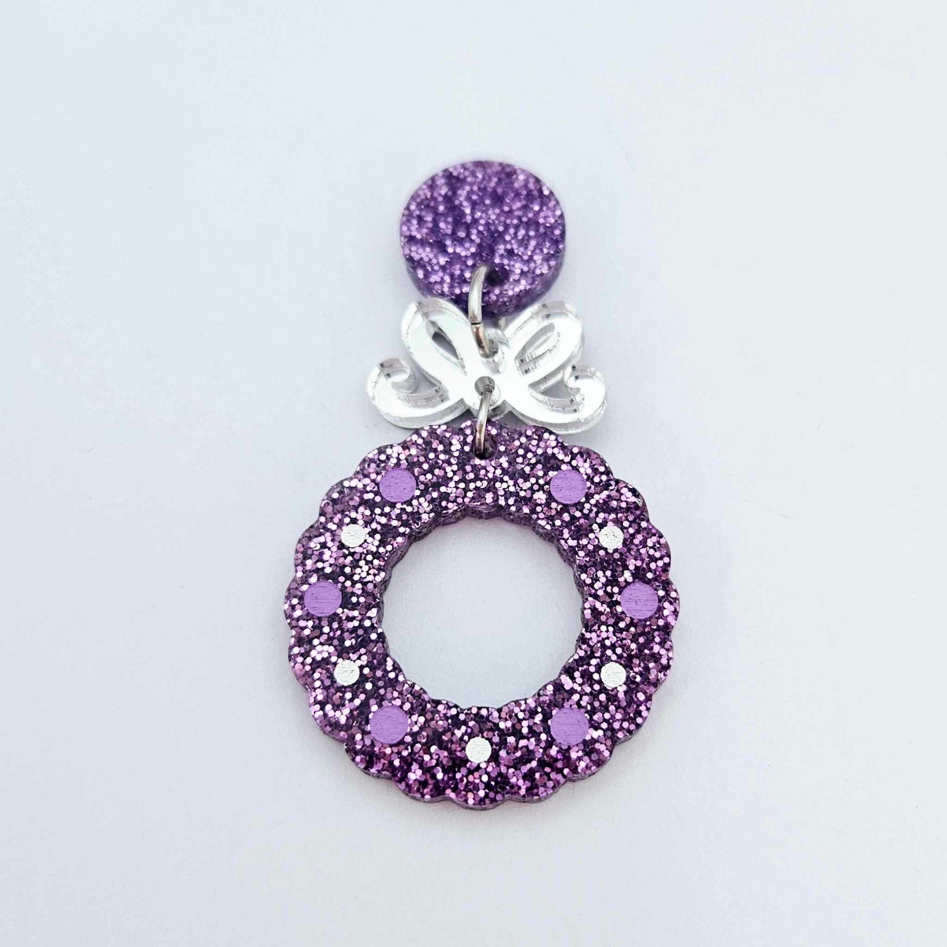 purple glitter wreath Christmas Xmas bows DIY earring supplies laser cut acrylic dangles blanks engraved paint filled baubles layered hoops