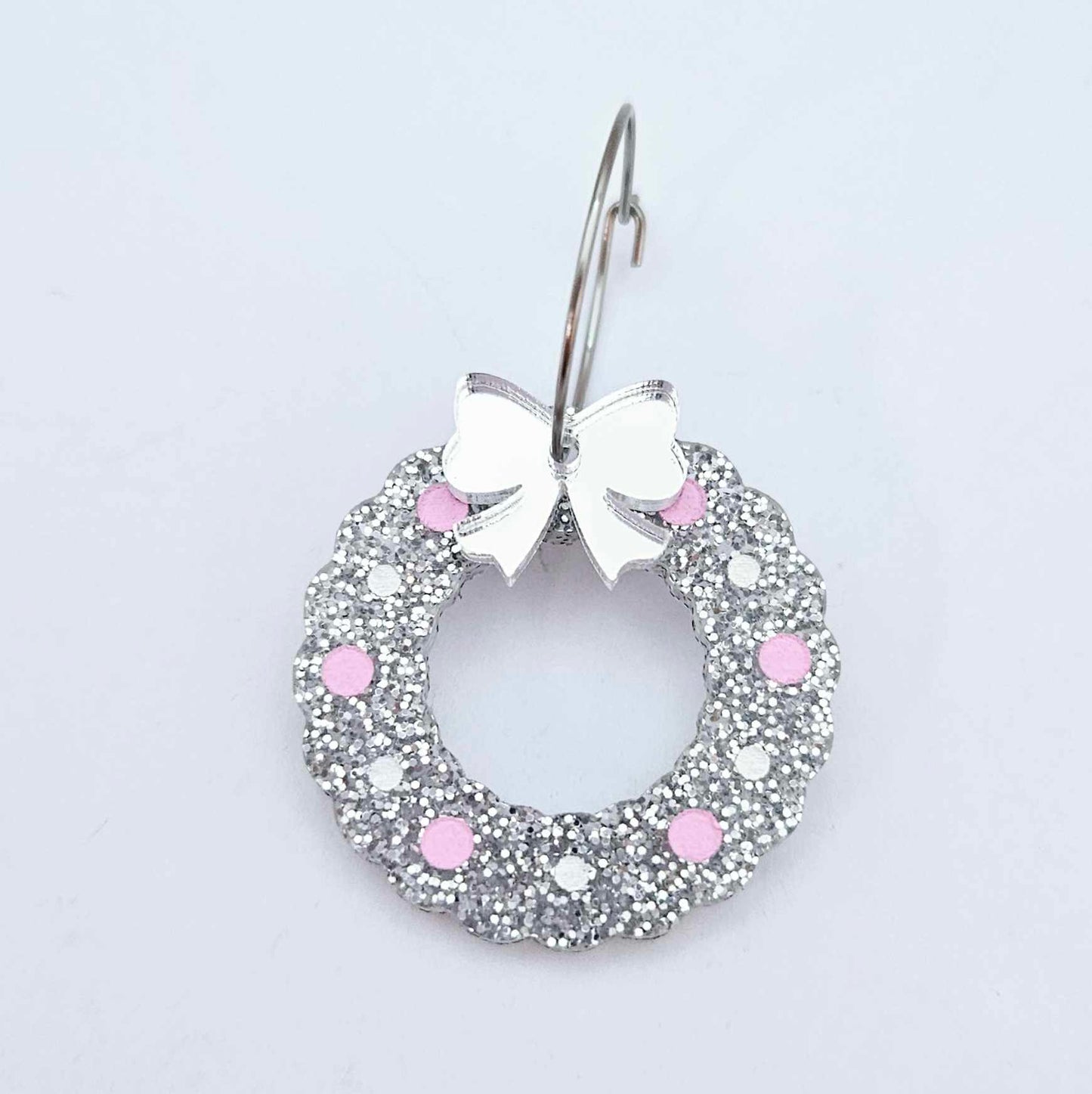 silver glitter wreath Christmas Xmas bows DIY earring supplies laser cut acrylic dangles blanks engraved paint filled baubles layered hoops