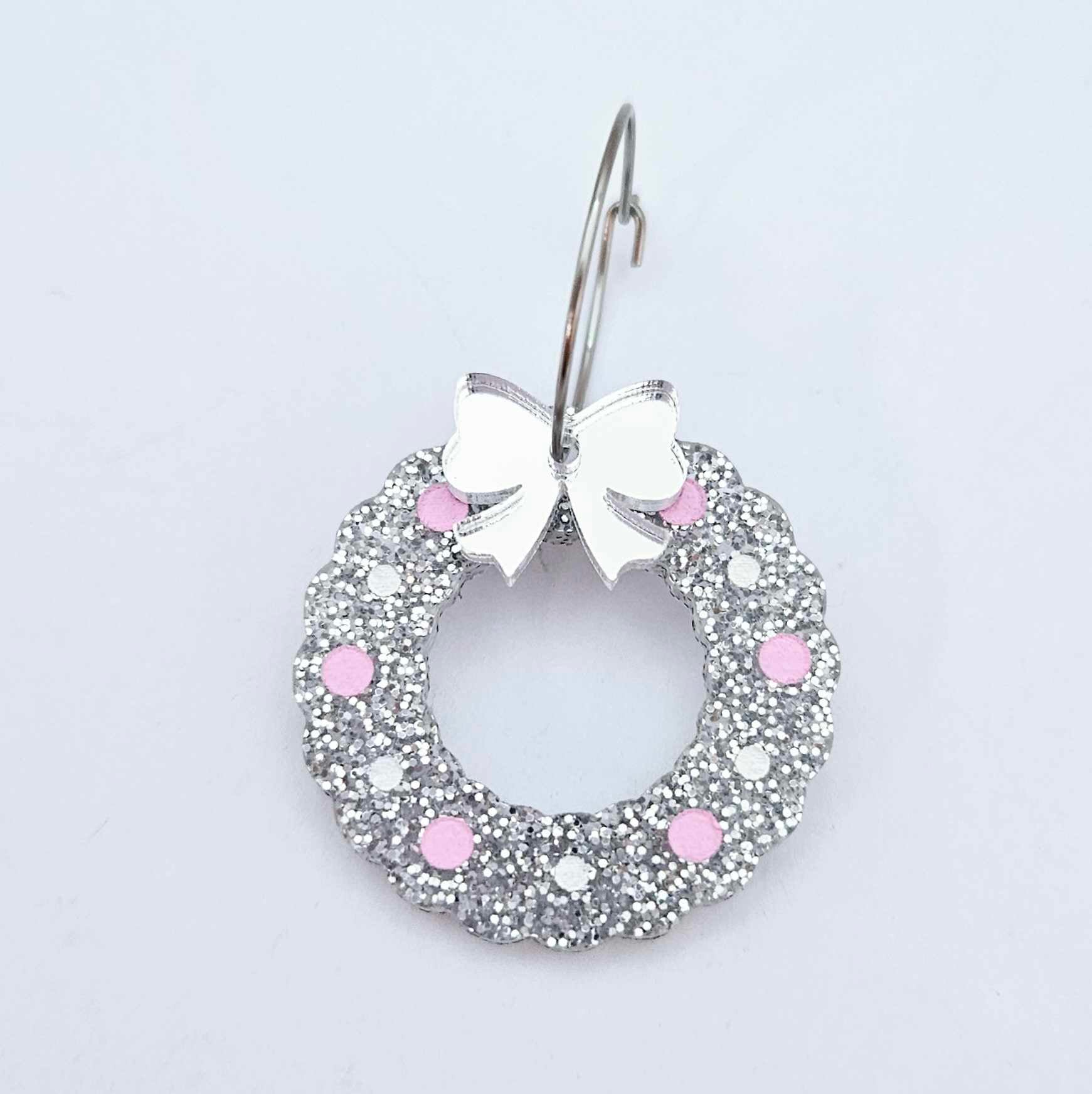 silver glitter wreath Christmas Xmas bows DIY earring supplies laser cut acrylic dangles blanks engraved paint filled baubles layered hoops