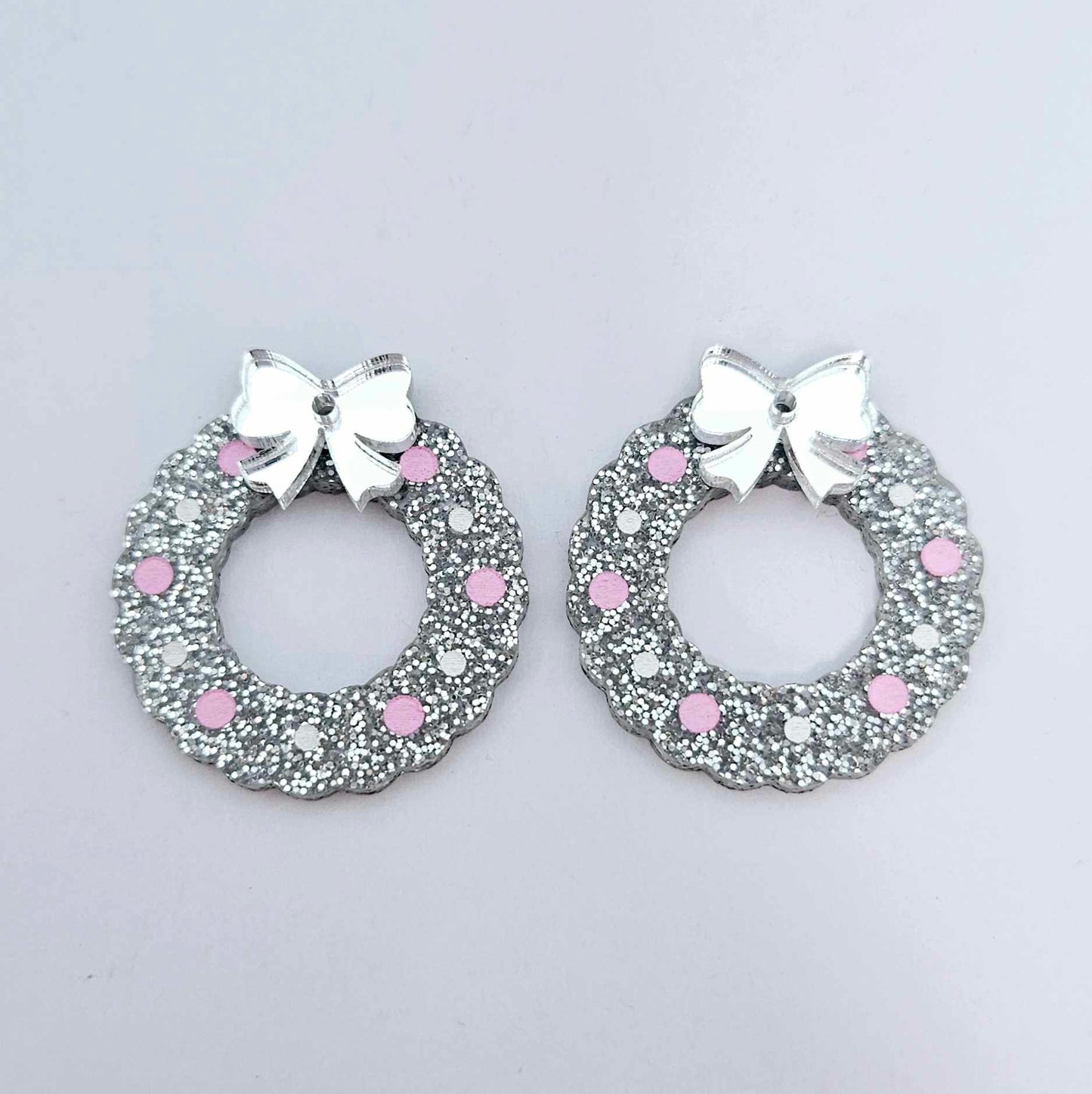 silver glitter wreath Christmas Xmas bows DIY earring supplies laser cut acrylic dangles blanks engraved paint filled baubles layered hoops