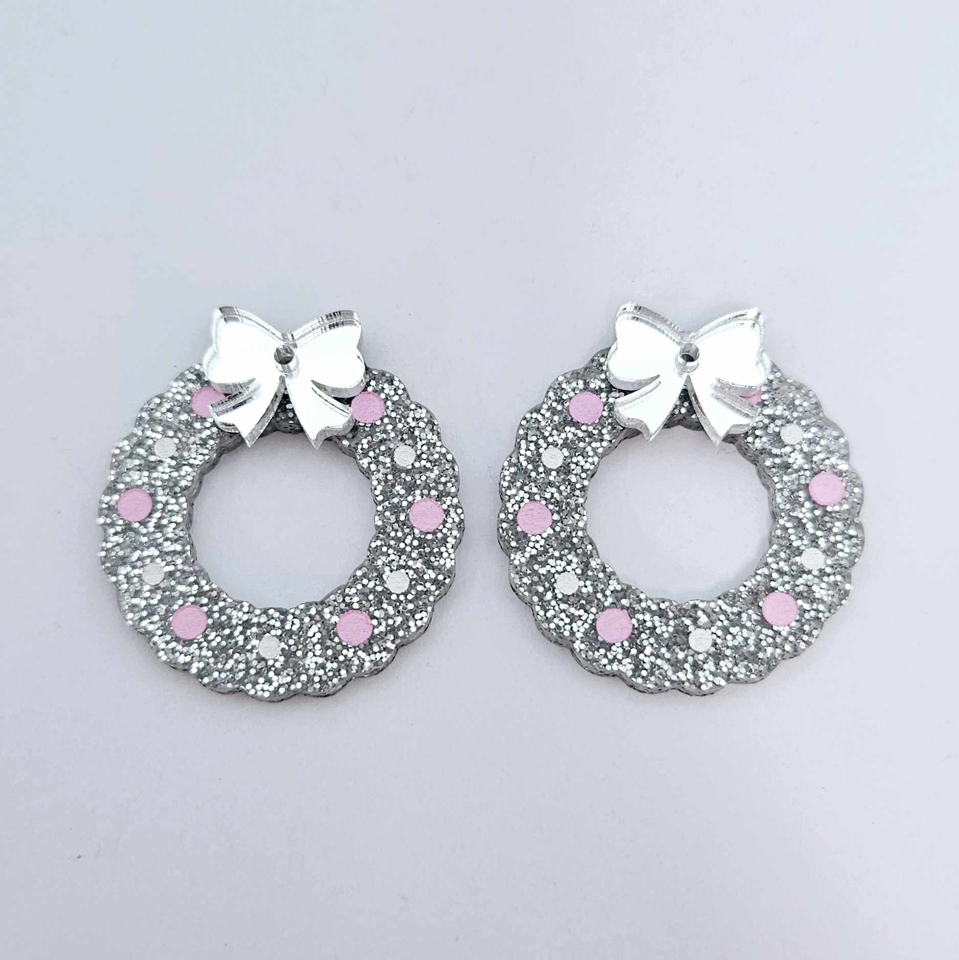 silver glitter wreath Christmas Xmas bows DIY earring supplies laser cut acrylic dangles blanks engraved paint filled baubles layered hoops