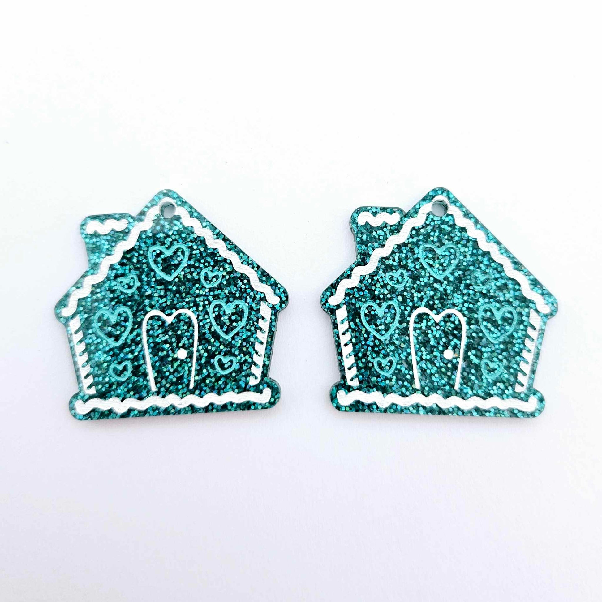 teal glitter gingerbread houses Christmas Xmas DIY earring supplies laser cut acrylic dangles blanks engraved paint fill icing frosting