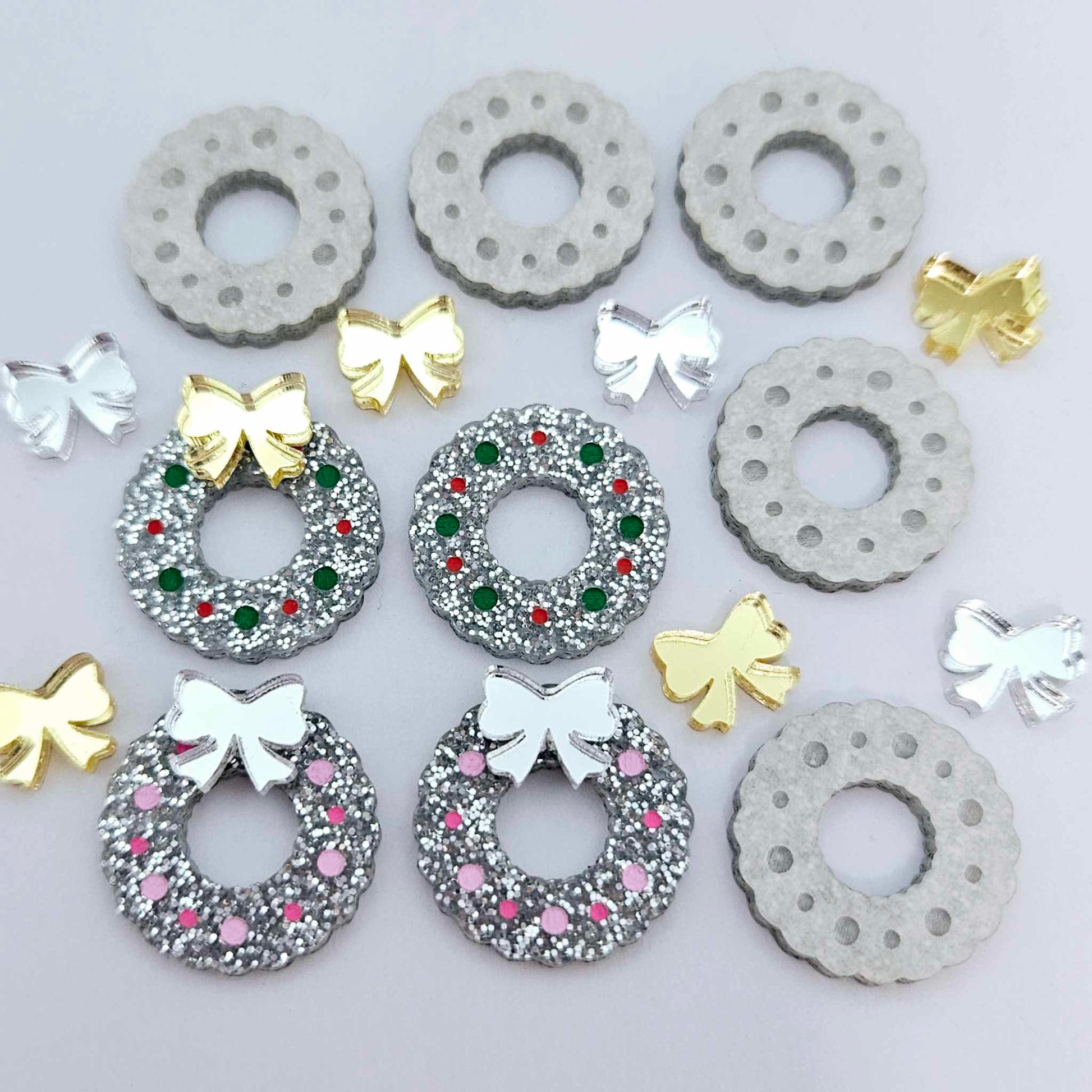 silver glitter wreath Christmas Xmas silver mirror bows DIY earring supplies laser cut acrylic studs blanks engraved paint filled baubles statement
