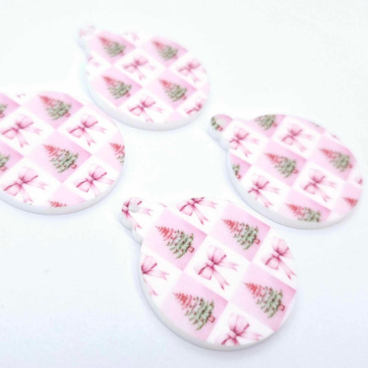 pink patchwork bows trees UV print baubles Christmas Xmas tree DIY earring supplies laser cut acrylic dangles blanks