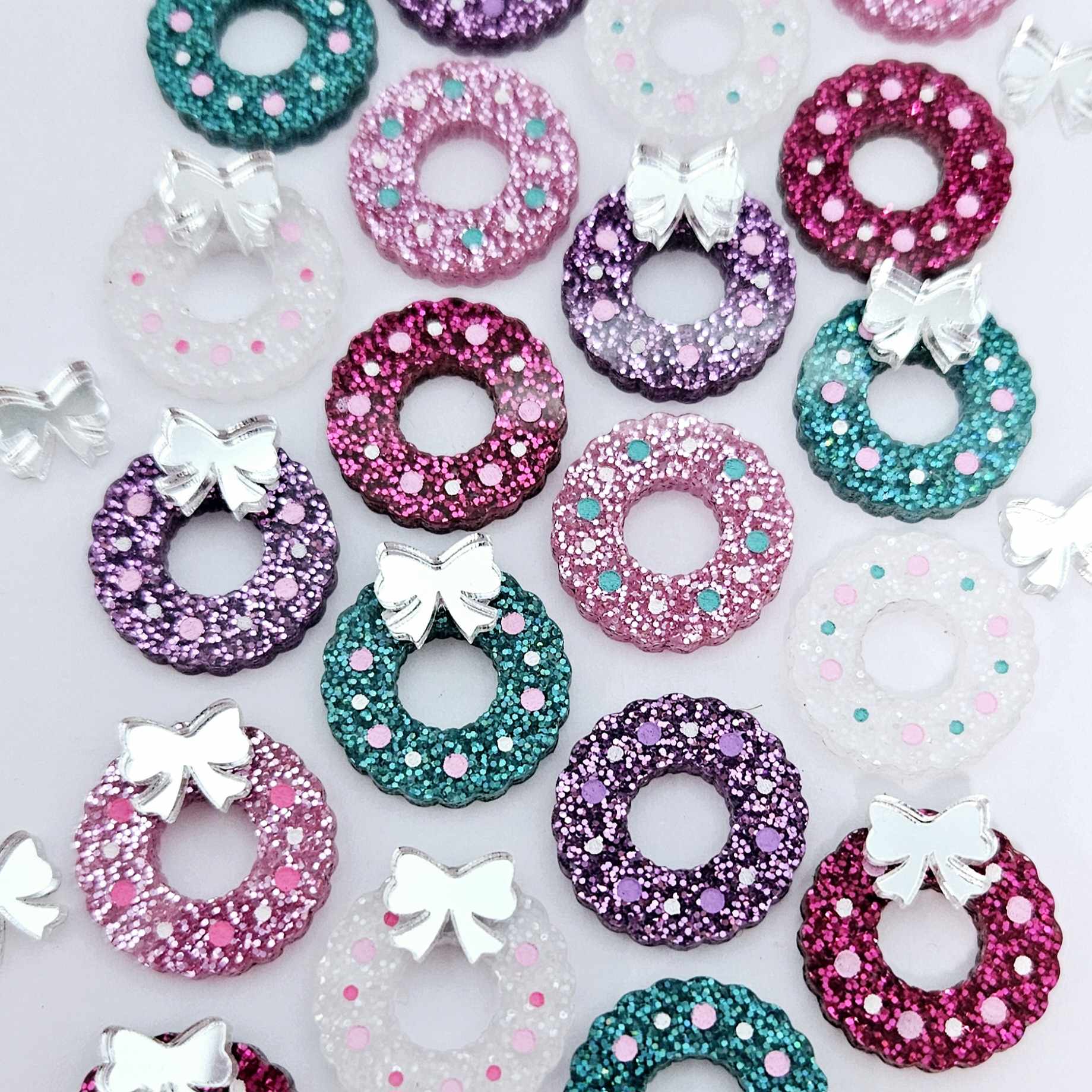 hot pink teal purple fairy dust silver clear glitter wreath Christmas Xmas silver mirror bows DIY earring supplies laser cut acrylic studs blanks engraved paint filled baubles statement mixed pack