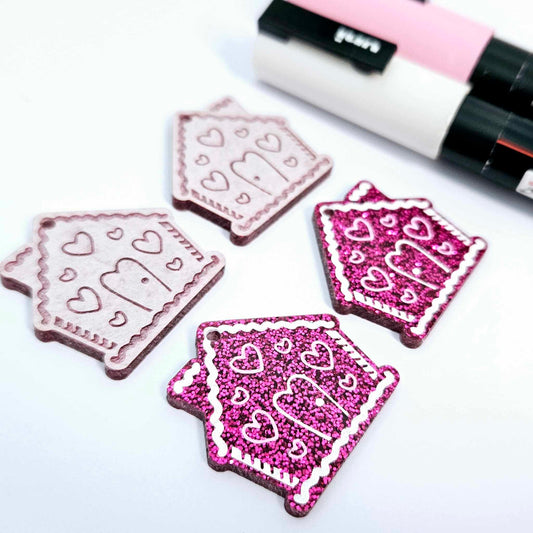 hot pink glitter gingerbread houses Christmas Xmas DIY earring supplies laser cut acrylic dangles blanks engraved paint fill icing frosting