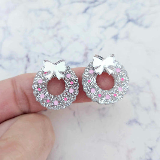 silver glitter wreath Christmas Xmas silver mirror bows DIY earring supplies laser cut acrylic studs blanks engraved paint filled baubles statement
