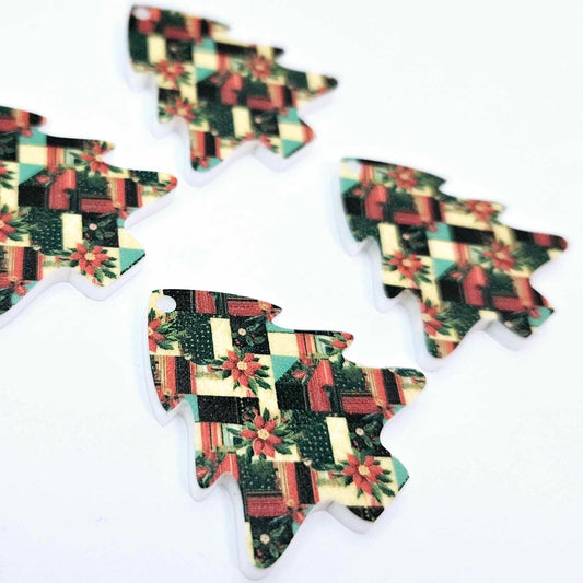 Christmas patchwork red green gold poinsettias UV print Xmas tree DIY earring supplies laser cut acrylic dangles blanks