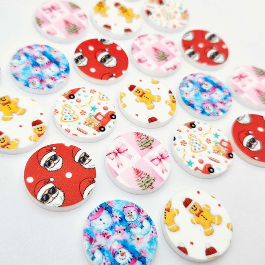 20mm circle santa sunnies cool red white snowman blue pink tree bows vintage truck ginger bread men UV print Christmas Xmas DIY earring supplies laser cut acrylic studs blanks mixed pack