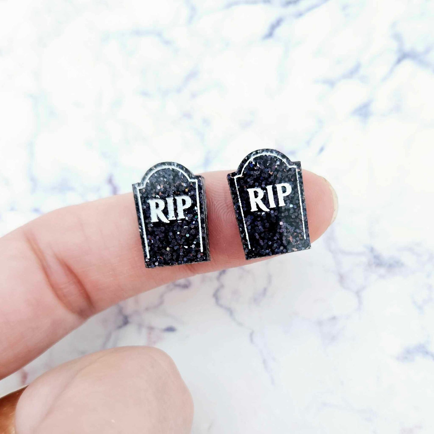 holographic black glitter RIP tombstone Halloween DIY earring supplies laser cut acrylic studs blanks engraved paint fill