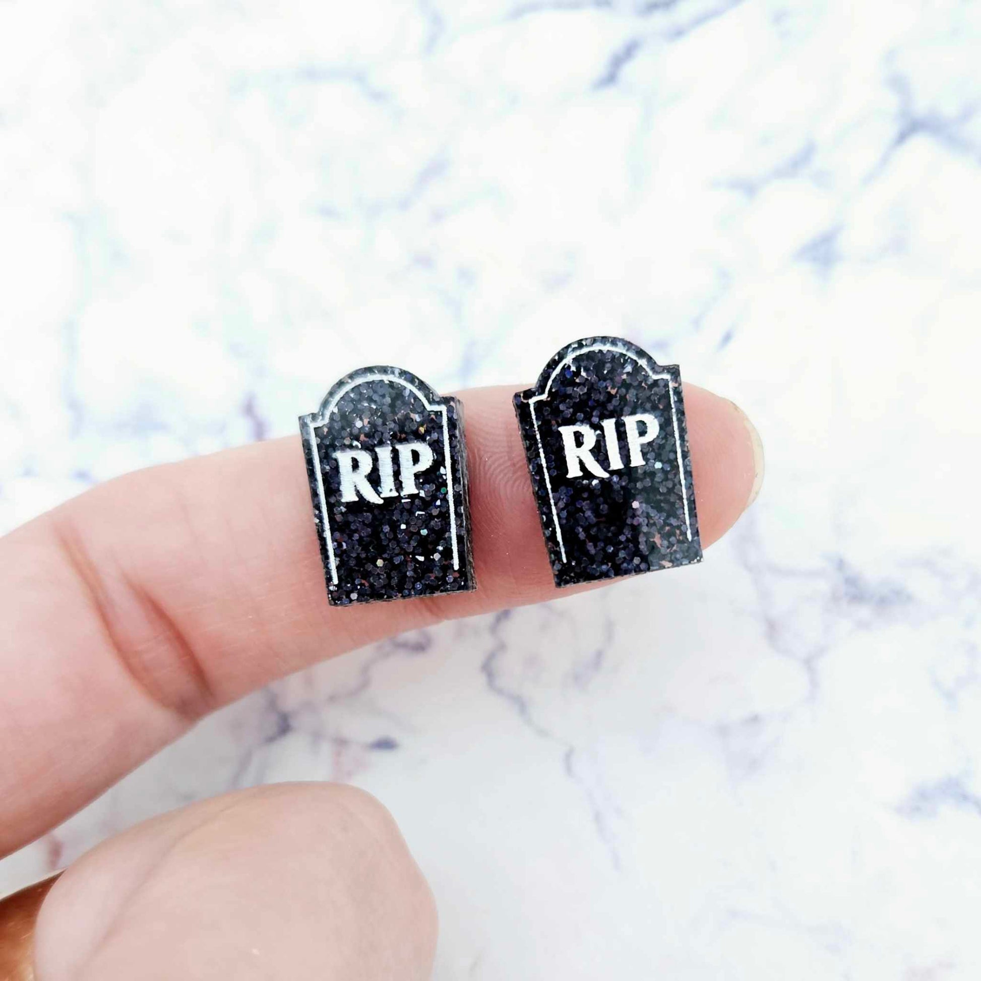 holographic black glitter RIP tombstone Halloween DIY earring supplies laser cut acrylic studs blanks engraved paint fill