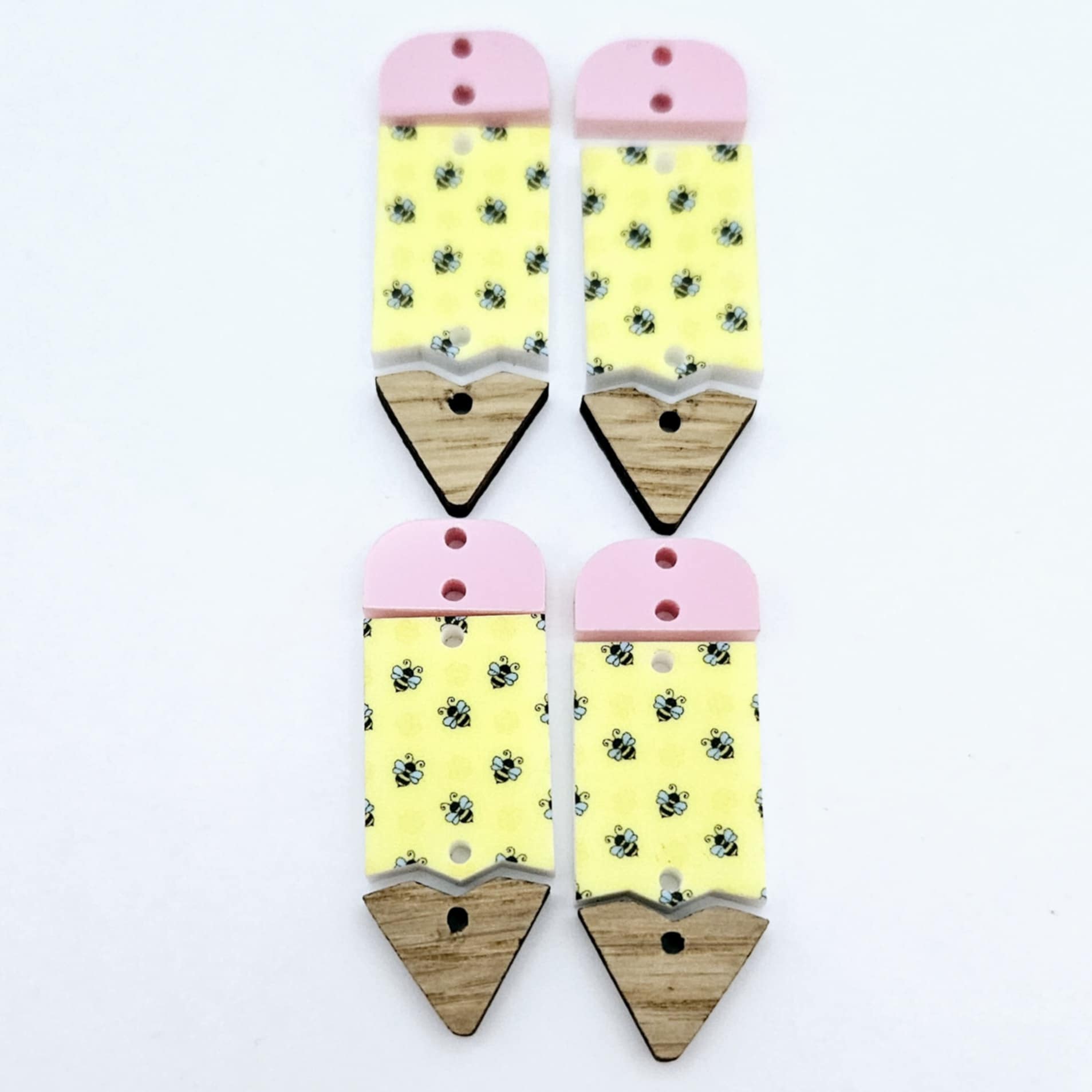 yellow bee UV print pastel pink wood oak pencil teacher DIY earring supplies laser cut acrylic dangles blanks