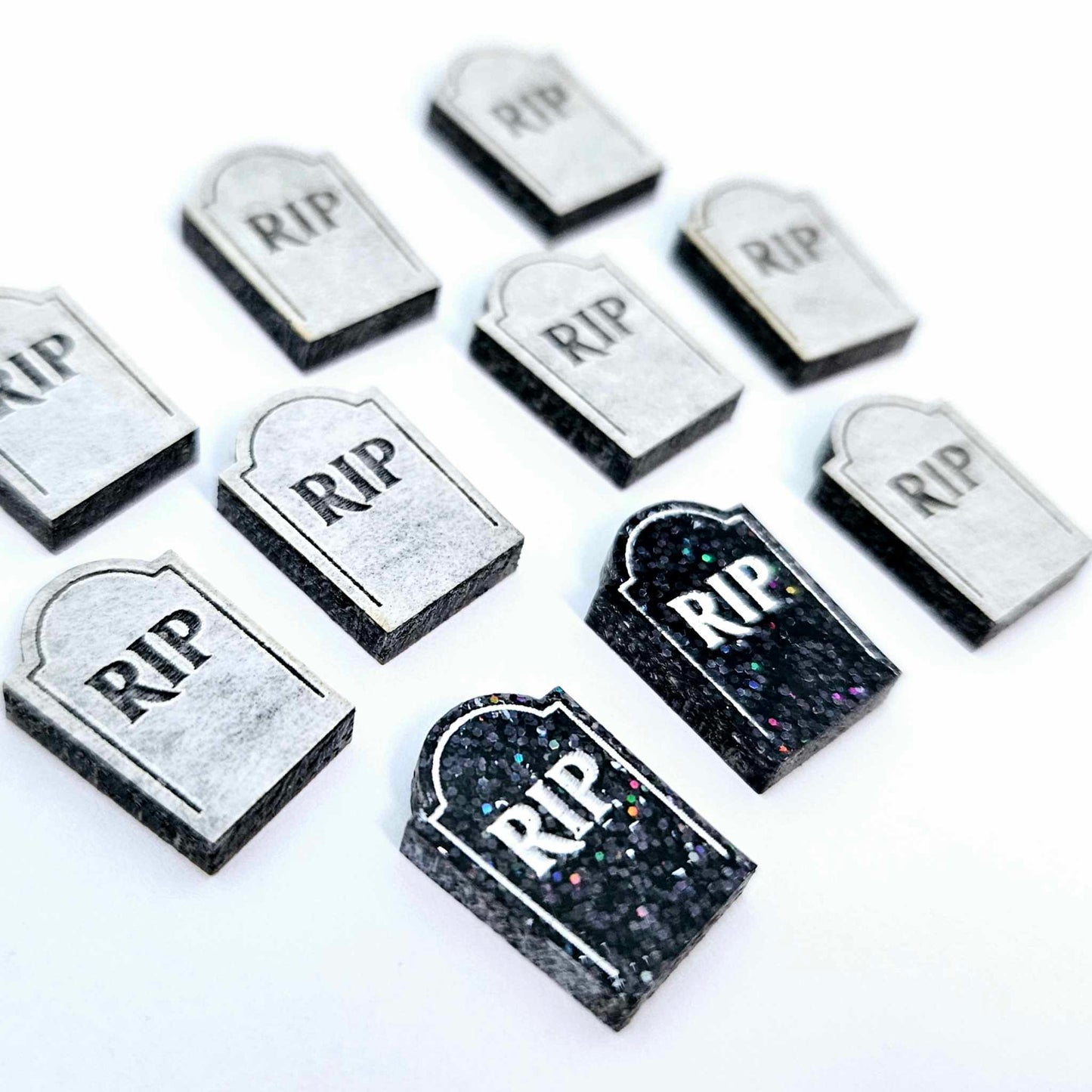 holographic black glitter RIP tombstone Halloween DIY earring supplies laser cut acrylic studs blanks engraved paint fill