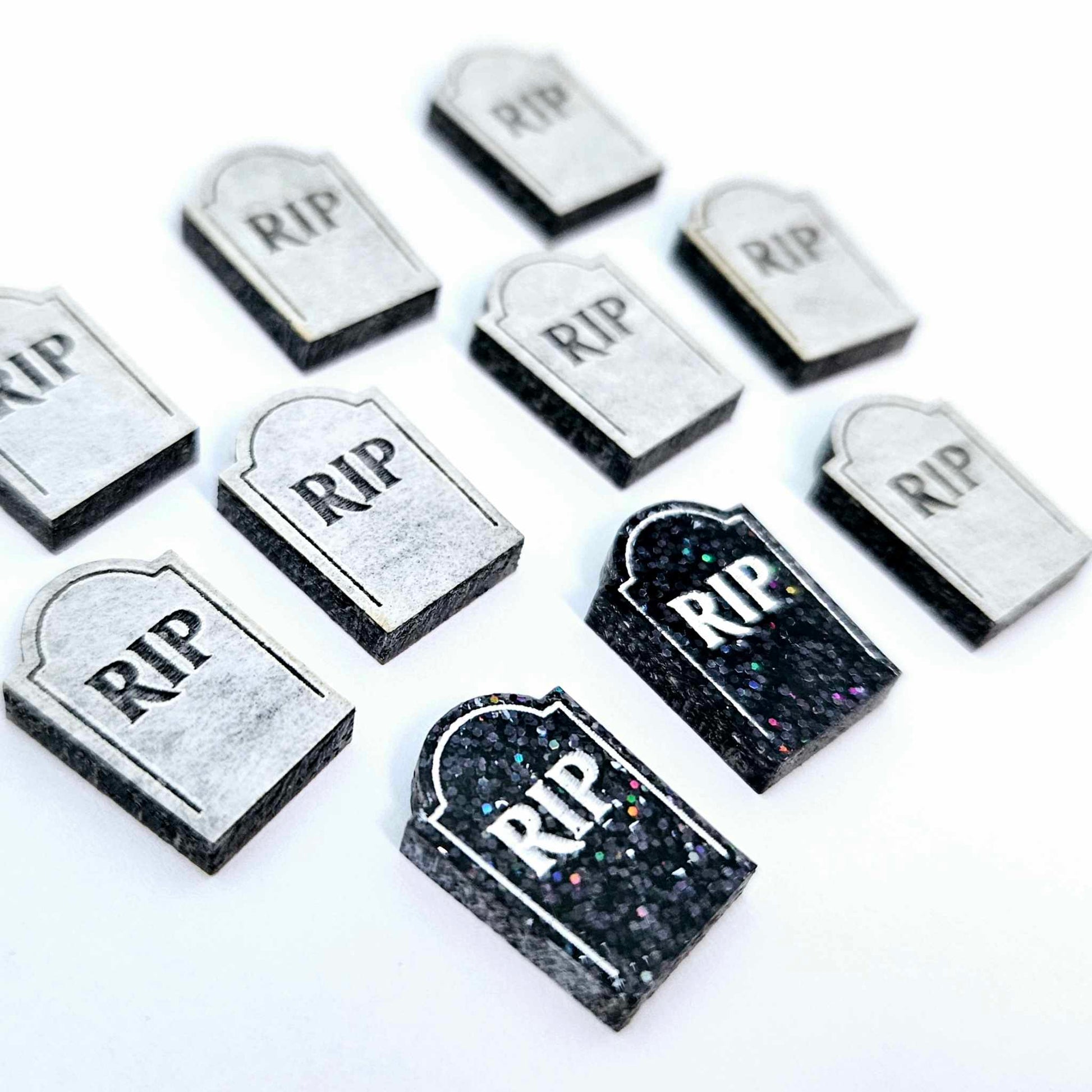 holographic black glitter RIP tombstone Halloween DIY earring supplies laser cut acrylic studs blanks engraved paint fill
