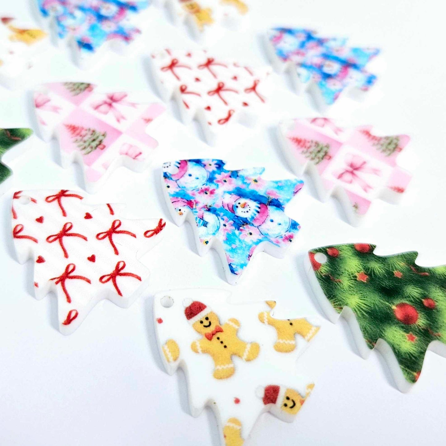 UV print 25mm mini laser cut acrylic Christmas tree earring dangles blanks pink blue red green white gingerbread men traditional bows snowman mixed pack