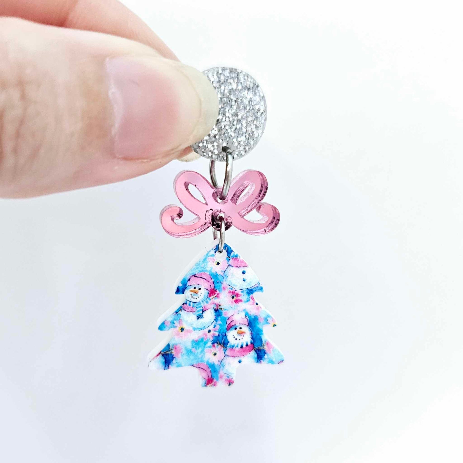25mm pink blue winter snowman wonderland UV print Christmas Xmas mini tree DIY earring supplies laser cut acrylic dangles blanks