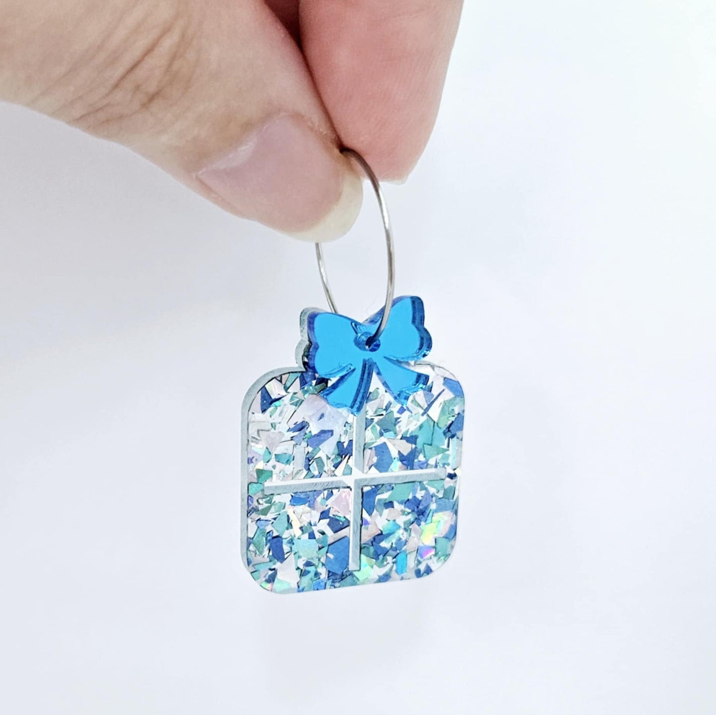 chunky aqua glitter blue silver mirror Christmas present bows DIY earring supplies laser cut acrylic dangles blanks