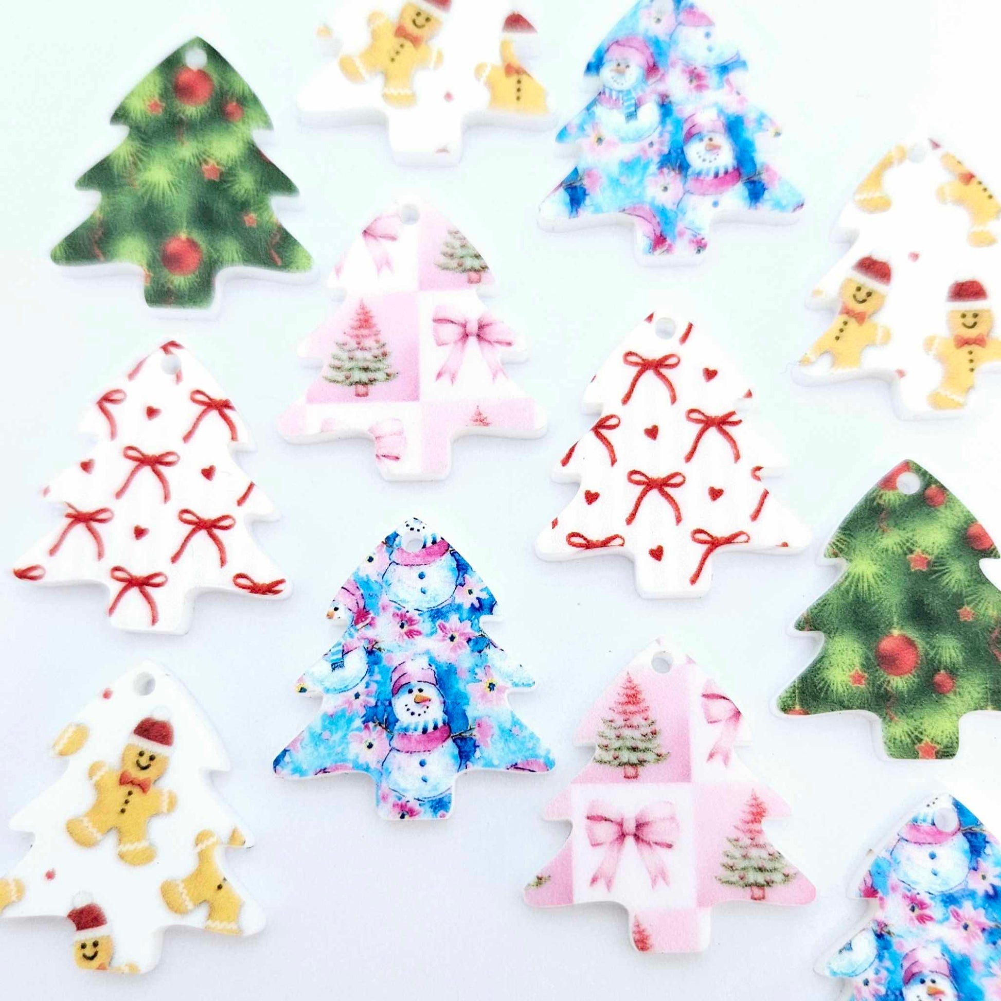UV print 25mm mini laser cut acrylic Christmas tree earring dangles blanks pink blue red green white gingerbread men traditional bows snowman mixed pack
