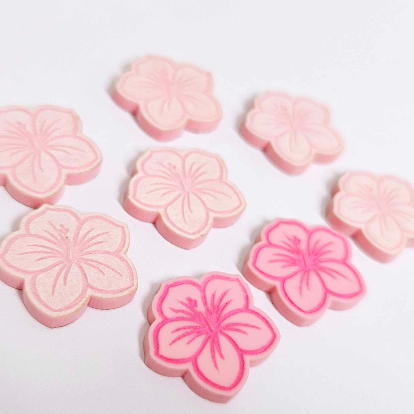 20mm pastel purple pink orange red yellow acrylic hibiscus flower mixed pack DIY earring supplies laser cut studs earring blanks engraved paint fill summer island vibes