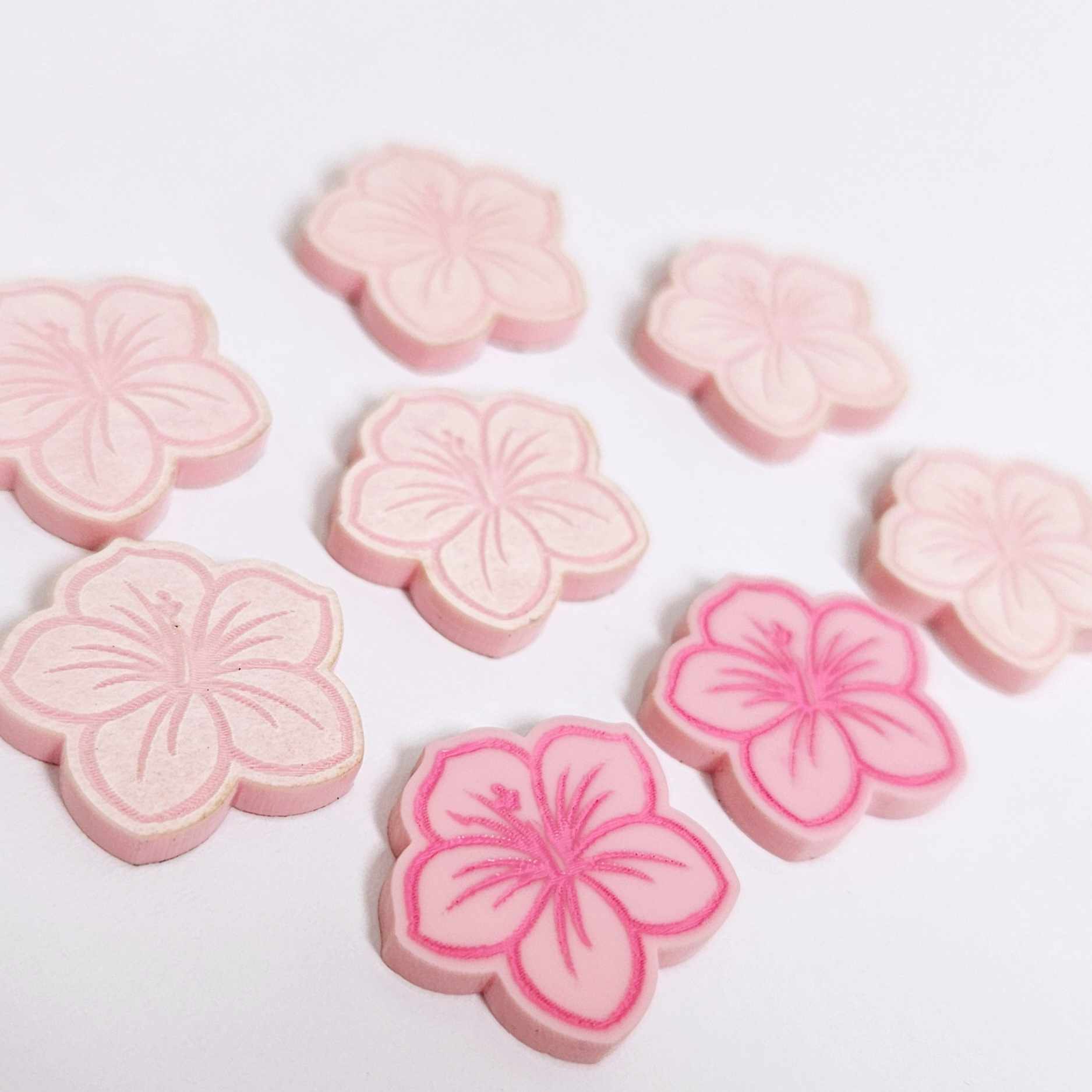 20mm pastel purple pink orange red yellow acrylic hibiscus flower mixed pack DIY earring supplies laser cut studs earring blanks engraved paint fill summer island vibes