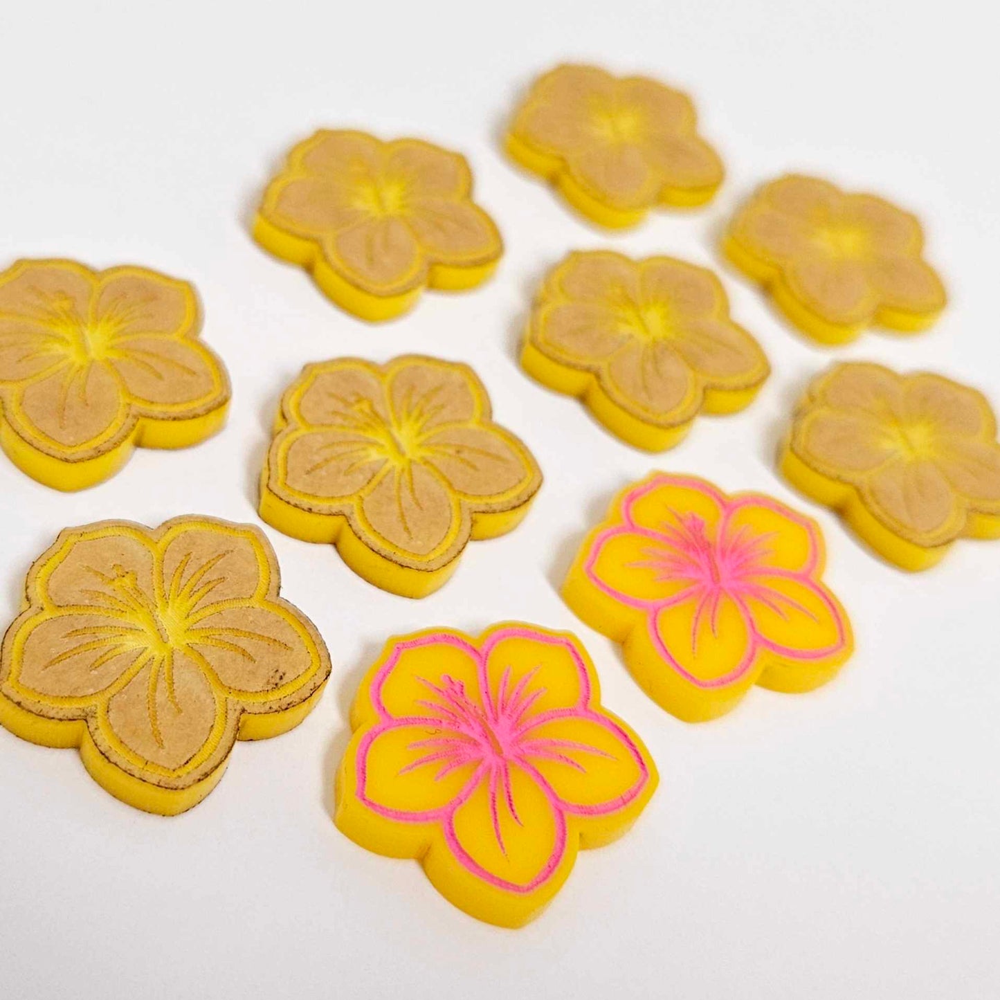 20mm yellow acrylic hibiscus flower DIY earring supplies laser cut studs earring blanks engraved paint fill summer island vibes
