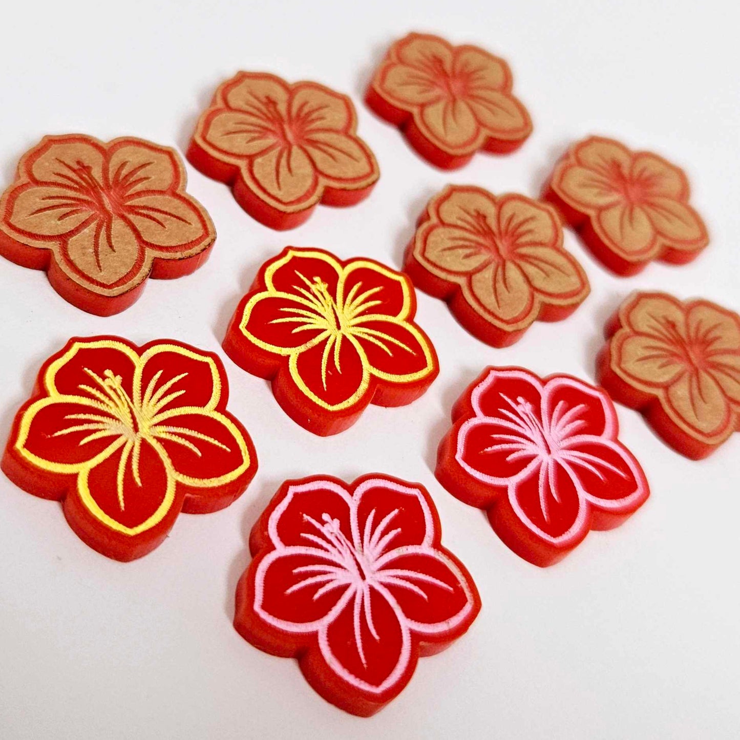 20mm red acrylic hibiscus flower DIY earring supplies laser cut studs earring blanks engraved paint fill summer island vibes