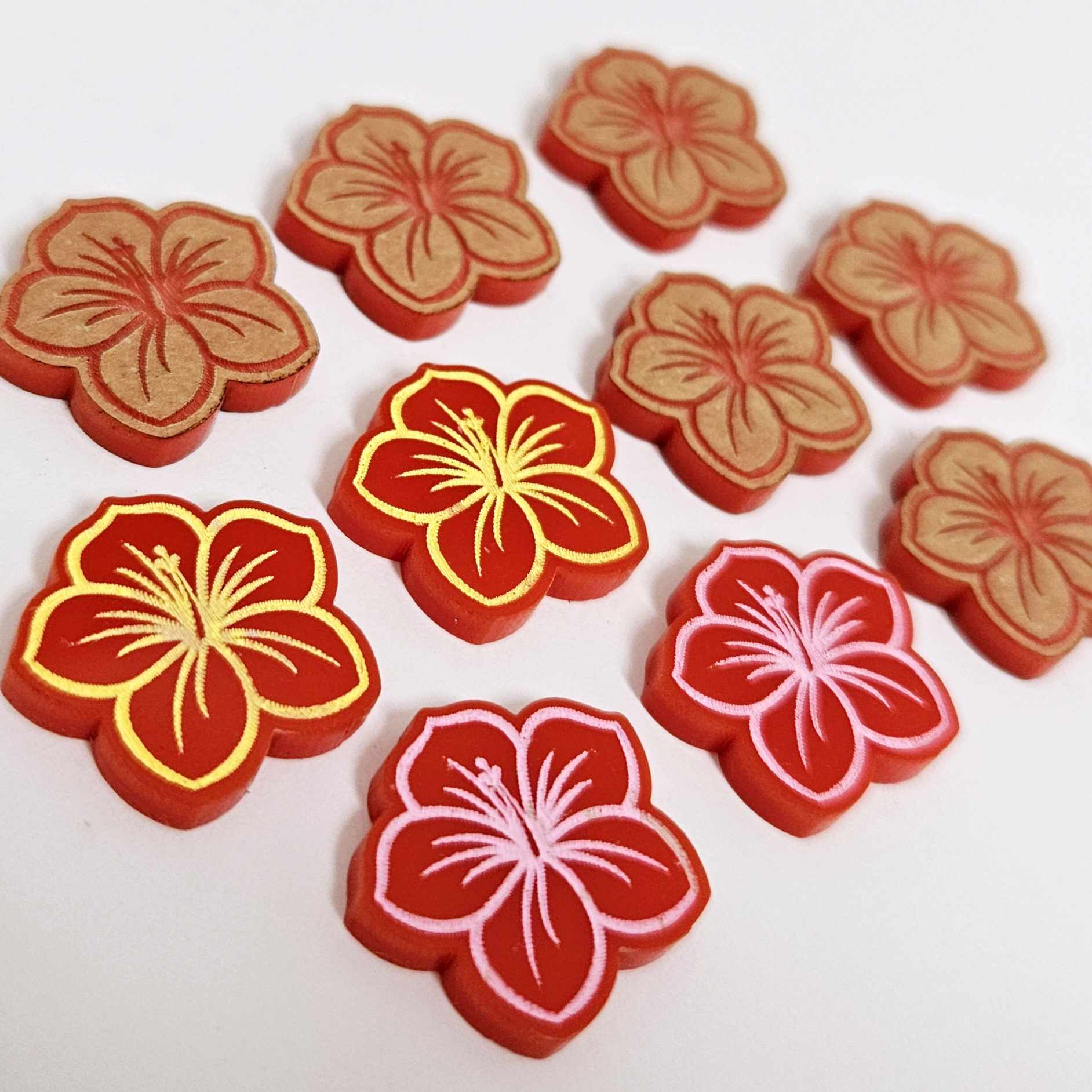 20mm red acrylic hibiscus flower DIY earring supplies laser cut studs earring blanks engraved paint fill summer island vibes