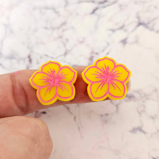 20mm yellow acrylic hibiscus flower DIY earring supplies laser cut studs earring blanks engraved paint fill summer island vibes
