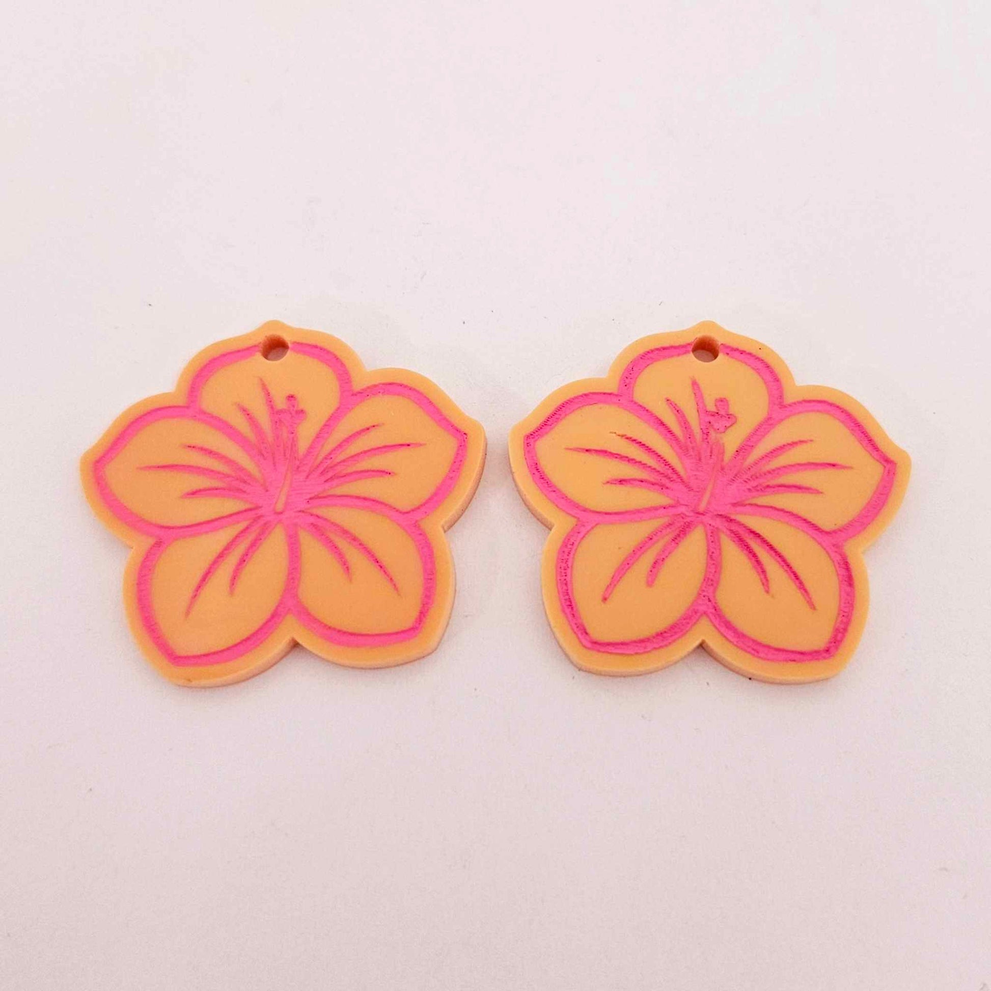 32mm pastel orange acrylic hibiscus flower DIY earring supplies laser cut dangles earring blanks engraved paint fill summer island vibes