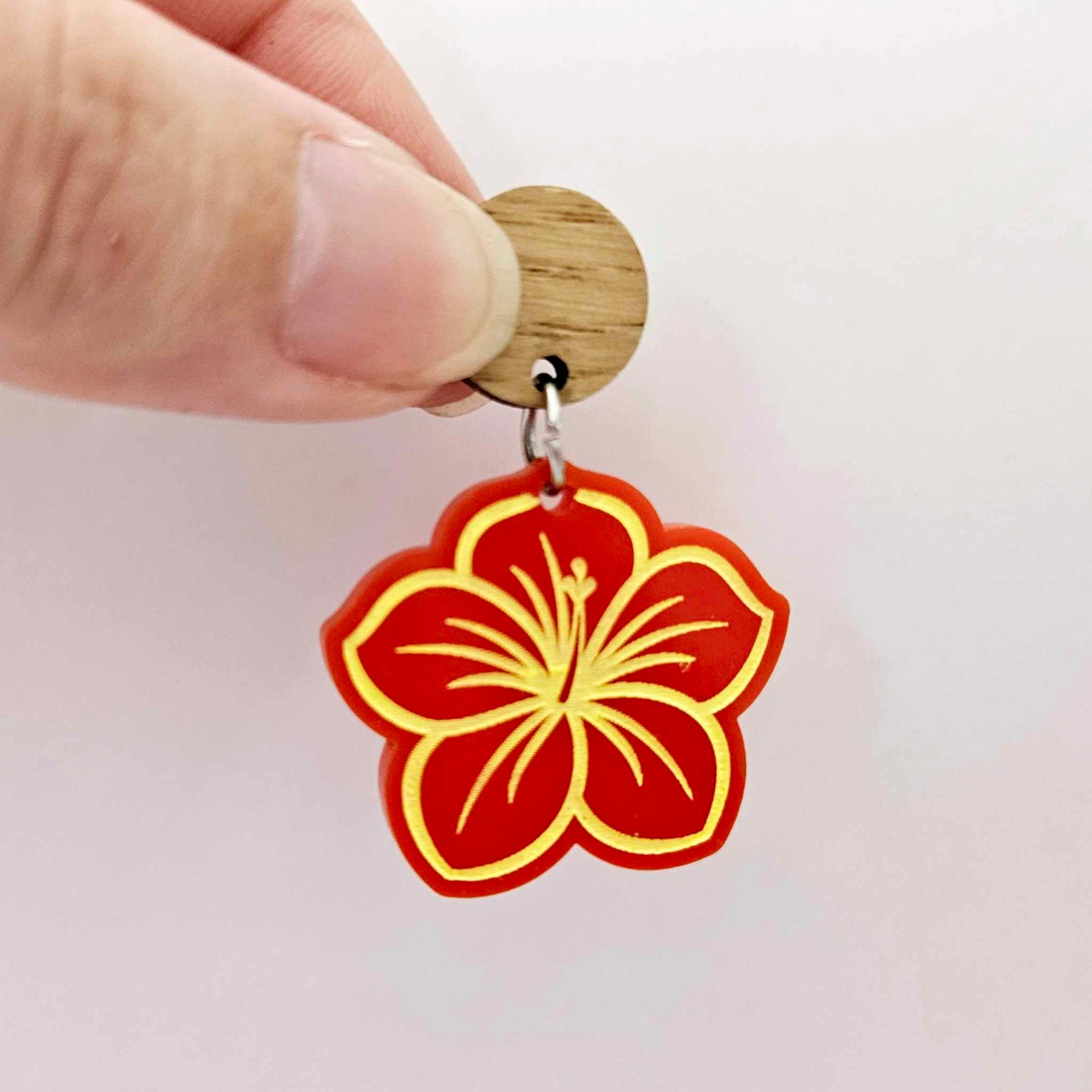 32mm red acrylic hibiscus flower DIY earring supplies laser cut dangles earring blanks engraved paint fill summer island vibes