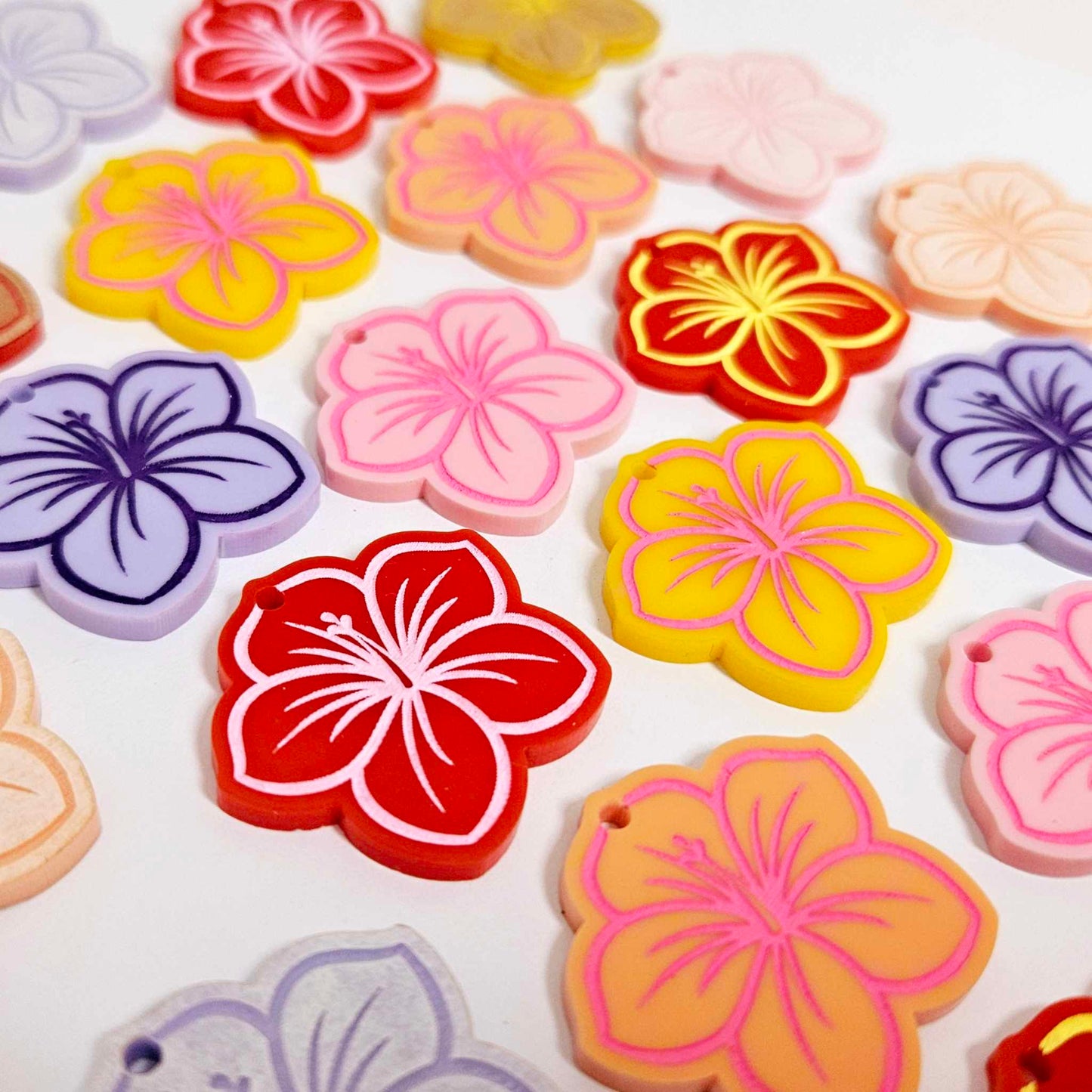 32mm pastel purple pink orange red yellow acrylic hibiscus flower mixed pack DIY earring supplies laser cut dangles earring blanks engraved paint fill summer island vibes