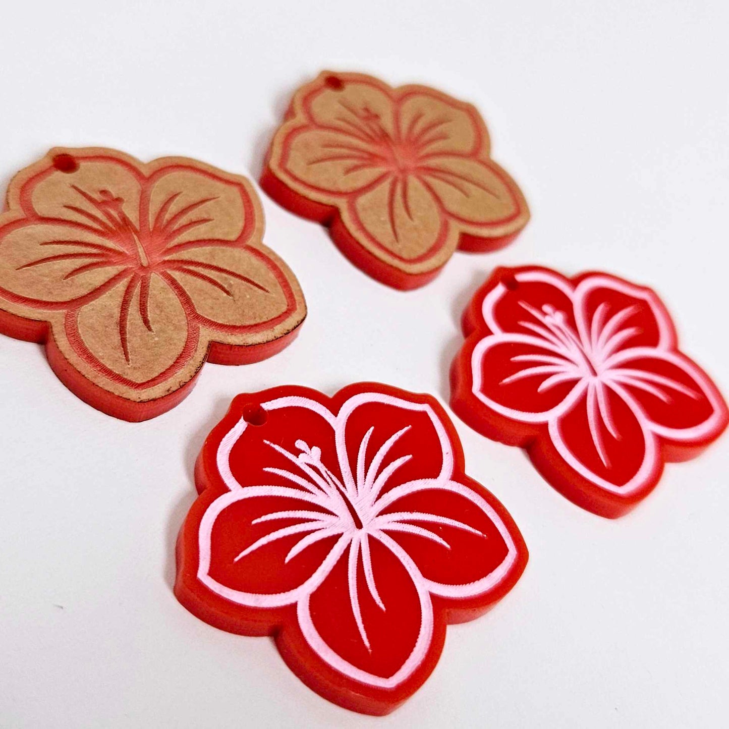 32mm red acrylic hibiscus flower DIY earring supplies laser cut dangles earring blanks engraved paint fill summer island vibes
