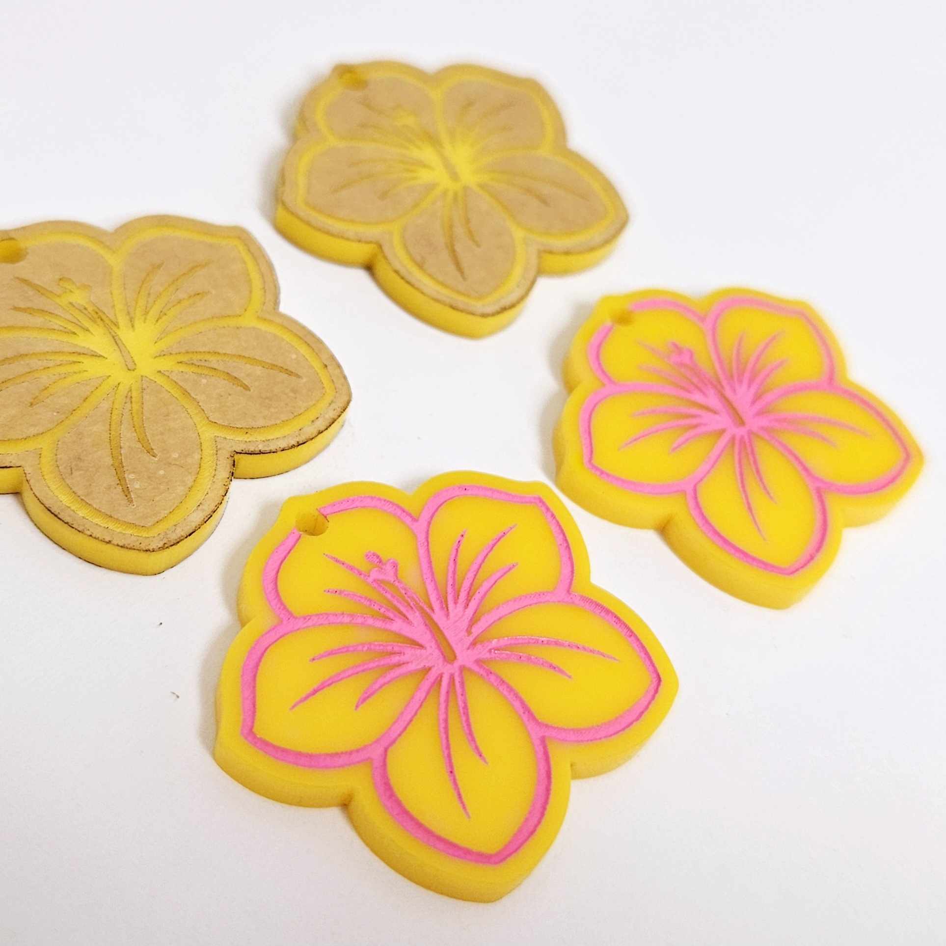 32mm yellow acrylic hibiscus flower DIY earring supplies laser cut dangles earring blanks engraved paint fill summer island vibes