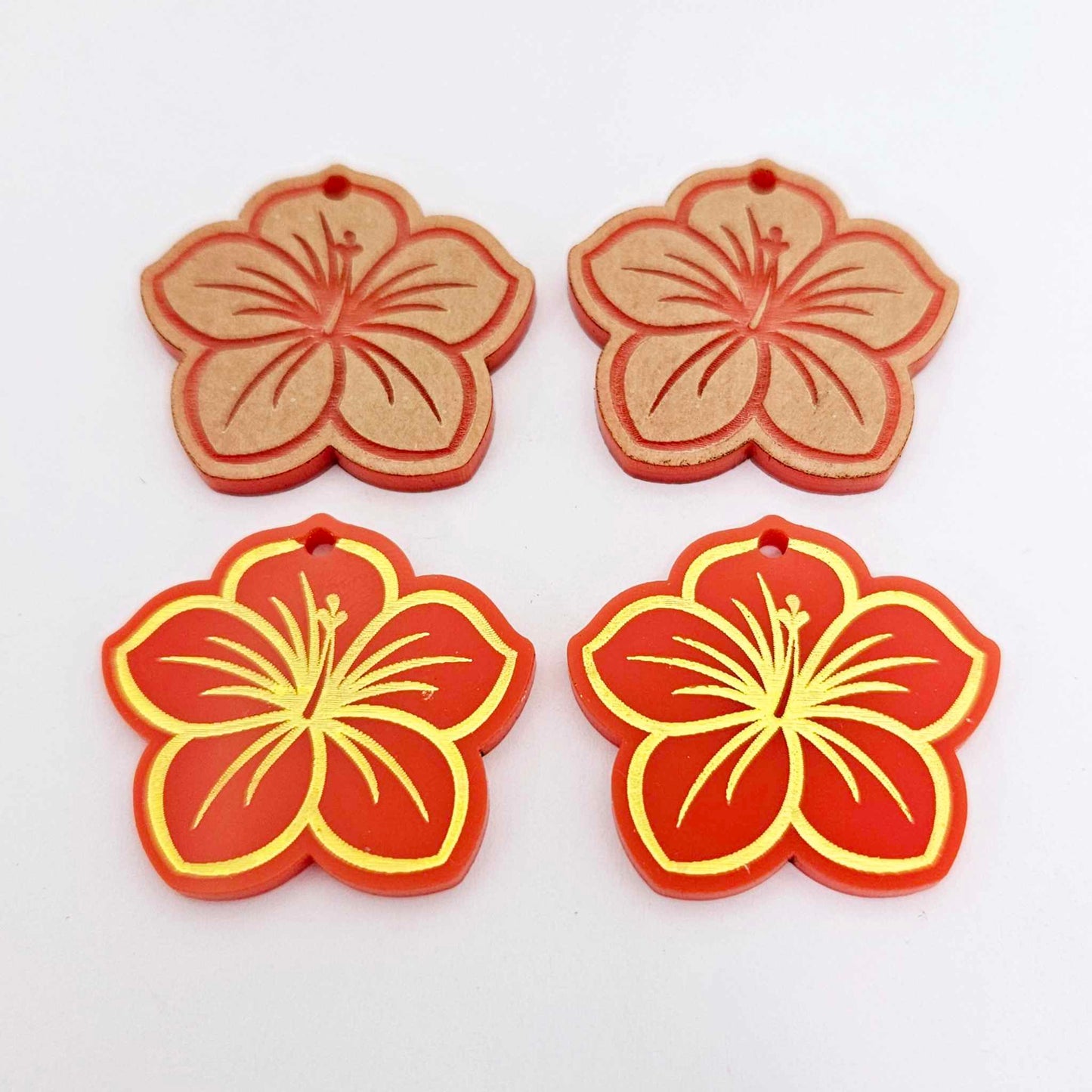 32mm red acrylic hibiscus flower DIY earring supplies laser cut dangles earring blanks engraved paint fill summer island vibes