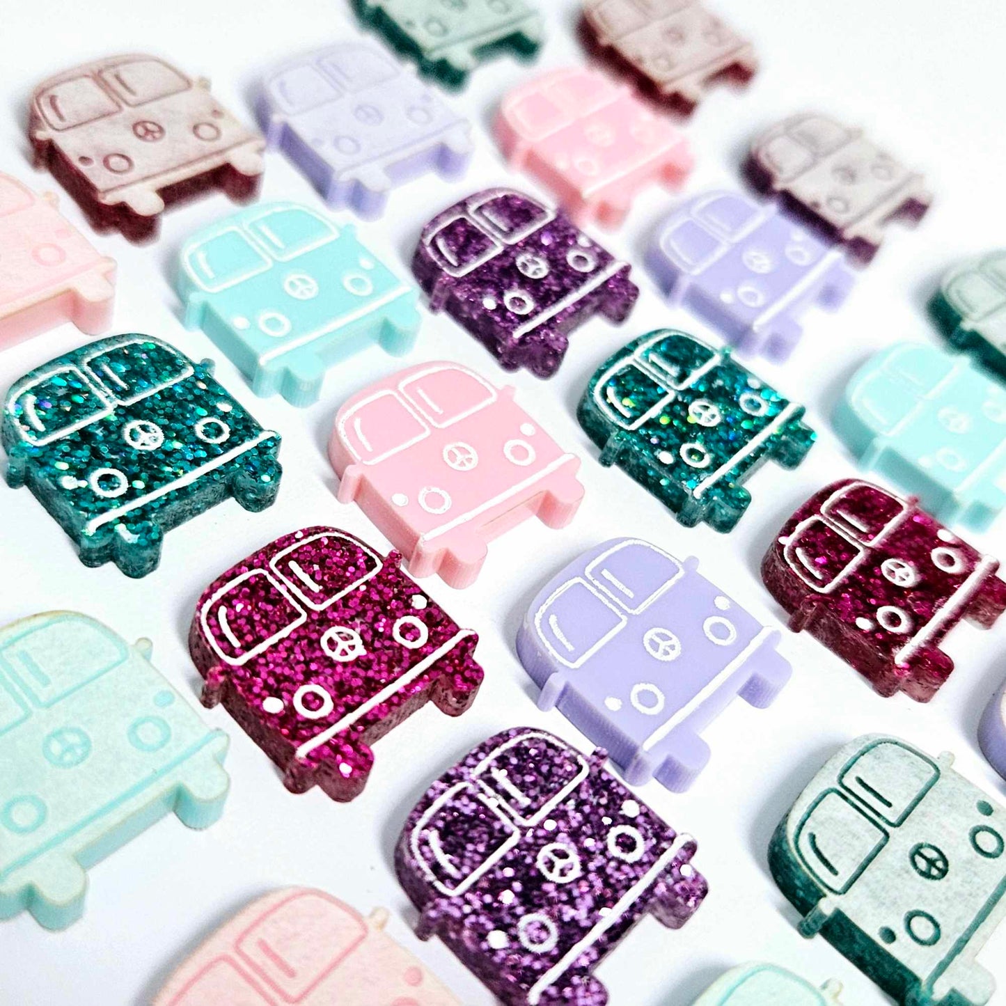 16mm pastel glitter pink purple teal aqua Kombi Vans DIY earring supplies laser cut acrylic studs blanks mixed pack engraved paint fill summer