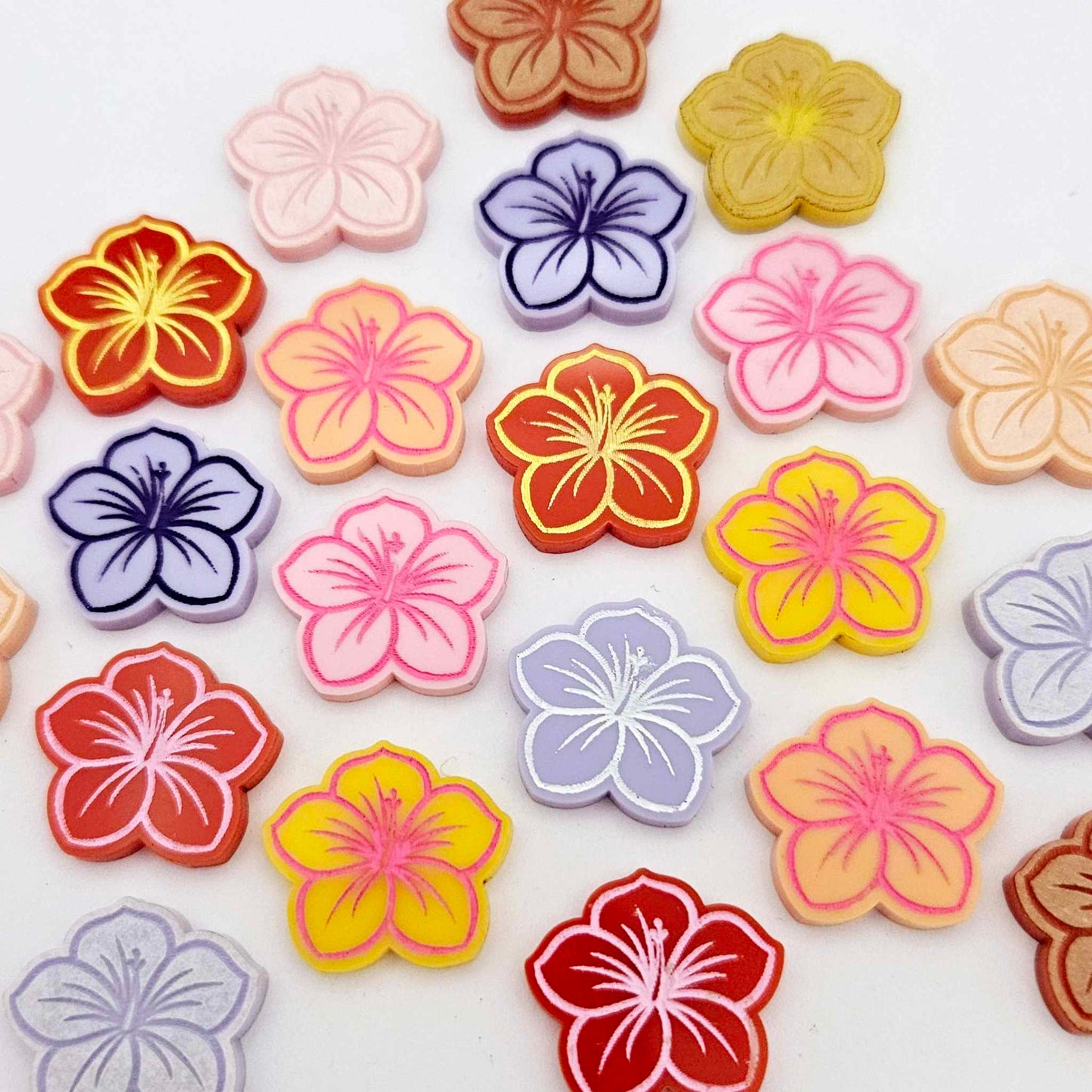 20mm pastel purple pink orange red yellow acrylic hibiscus flower mixed pack DIY earring supplies laser cut studs earring blanks engraved paint fill summer island vibes