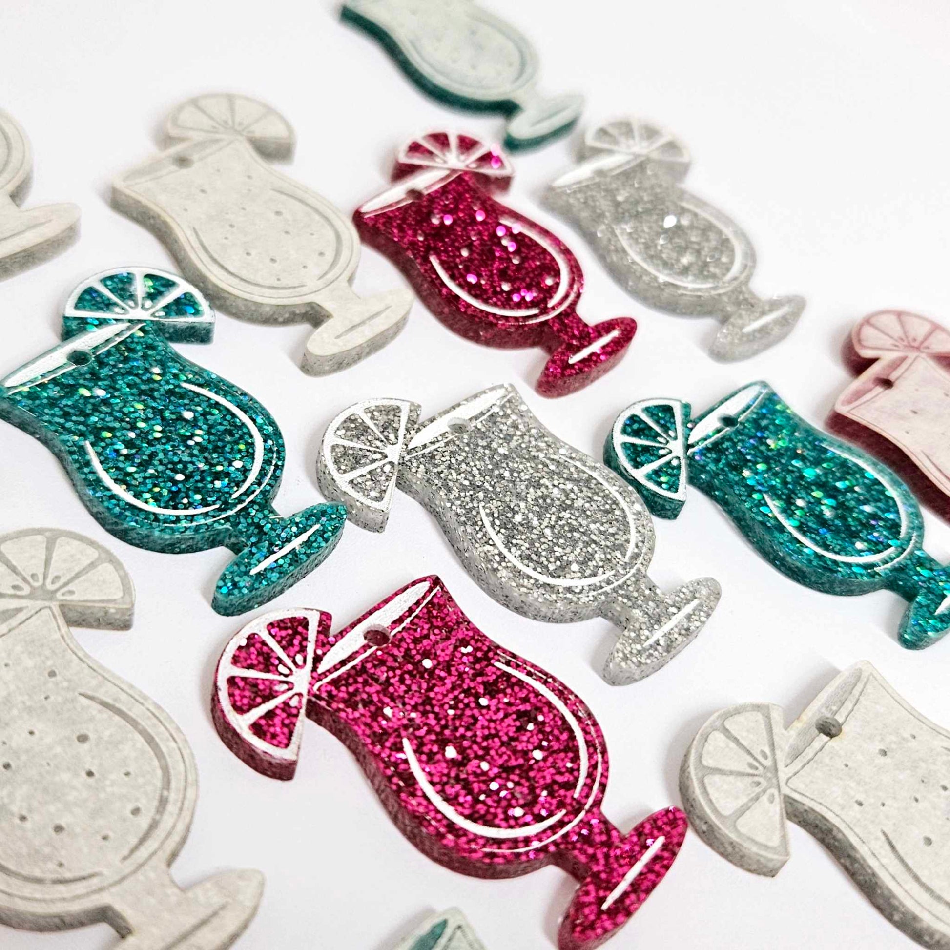 38mm hot pink teal silver glitter cocktail glasses mixed pack DIY earring supplies laser cut acrylic dangles blanks engraved paint fill summer cruises