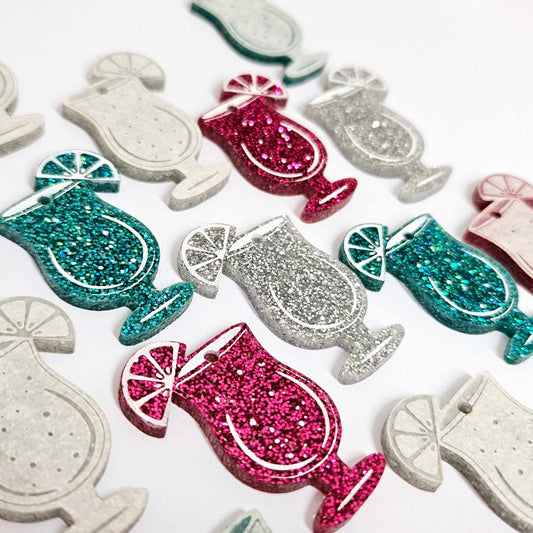 38mm hot pink teal silver glitter cocktail glasses mixed pack DIY earring supplies laser cut acrylic dangles blanks engraved paint fill summer cruises