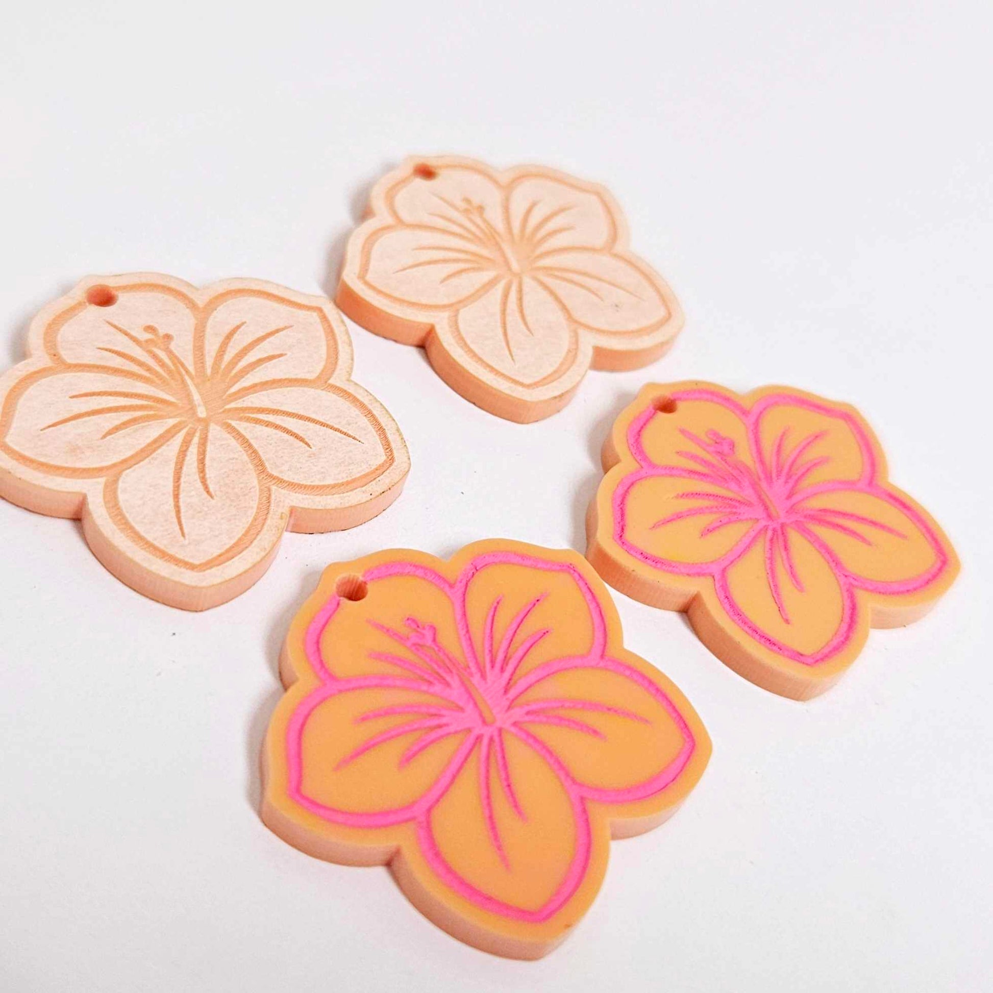 32mm pastel orange acrylic hibiscus flower DIY earring supplies laser cut dangles earring blanks engraved paint fill summer island vibes